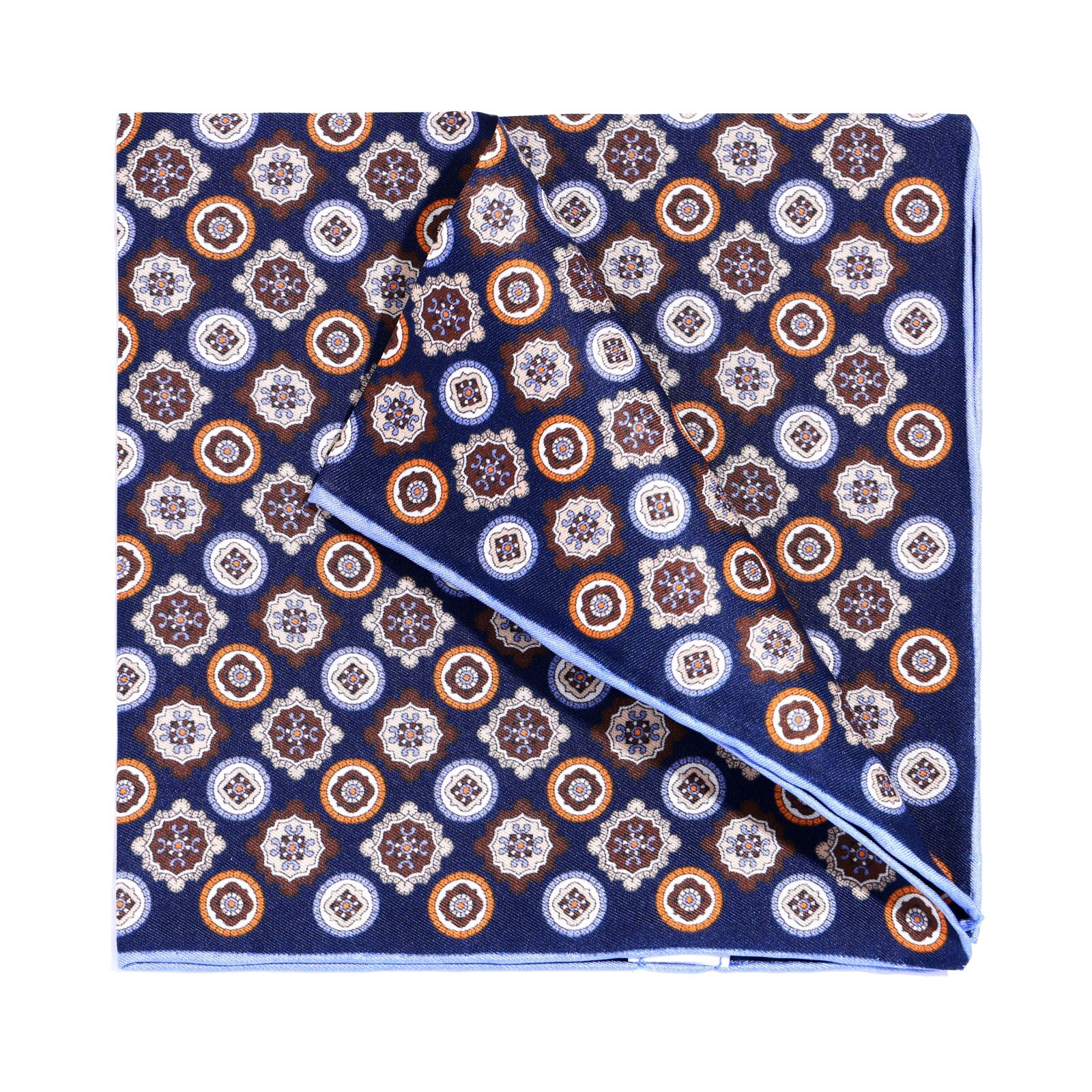 Men 100%Silk Twill Handkerchief Dark Blue Retro Circle Pocket Square 30cm 11.8in
