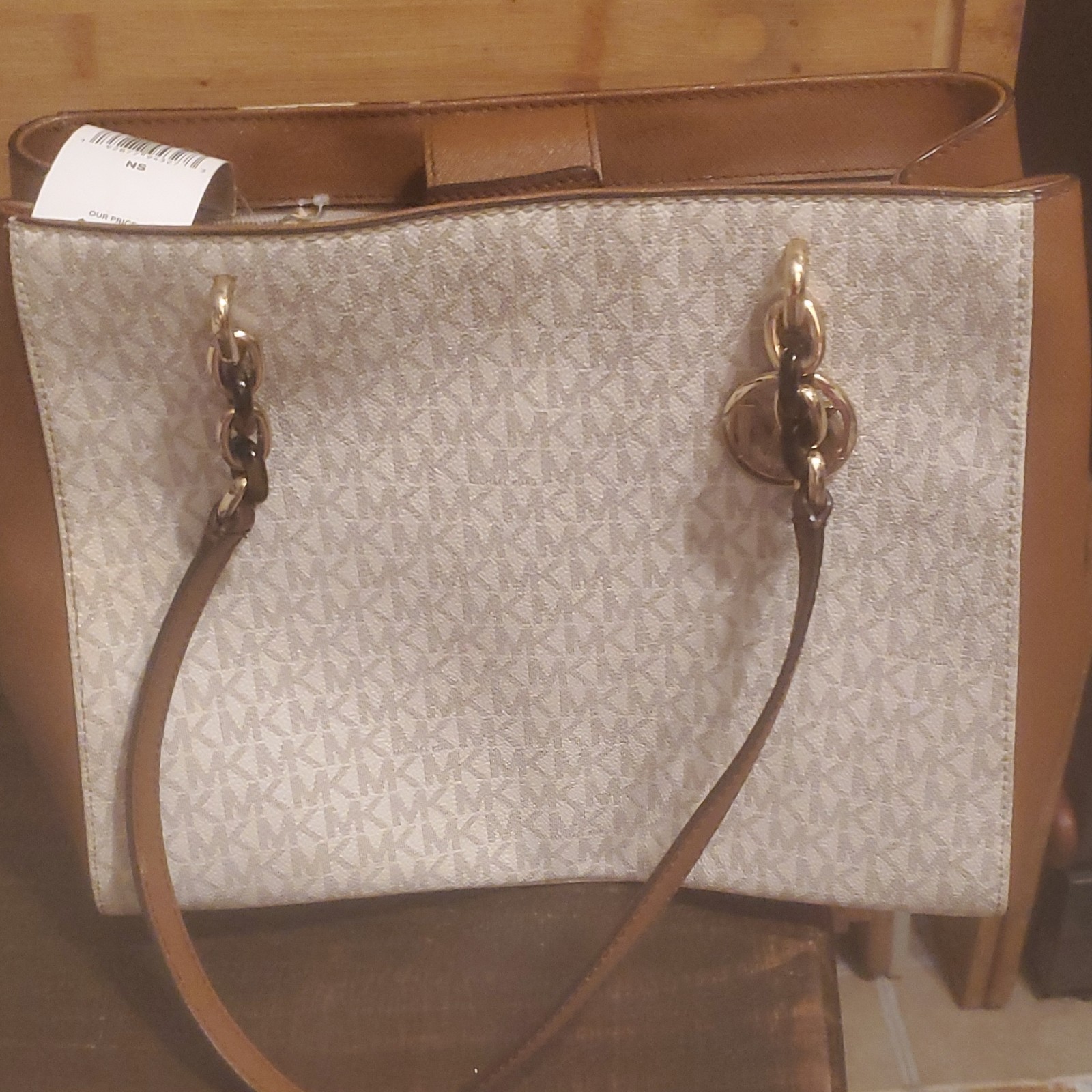 Michael Kors Signature Logo Tote Bag Large Zip Lined Inner Pockets Brown Beige