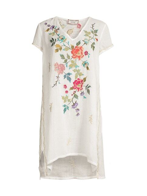 Johnny Was Adele Drape Tunic Dress Floral Embroidery Flowers White Ramie New