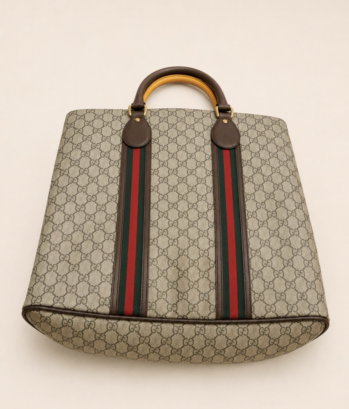 Gucci GG Pattern Web Stripe Tote Bag Zip Top Handle Beige Brown Gold