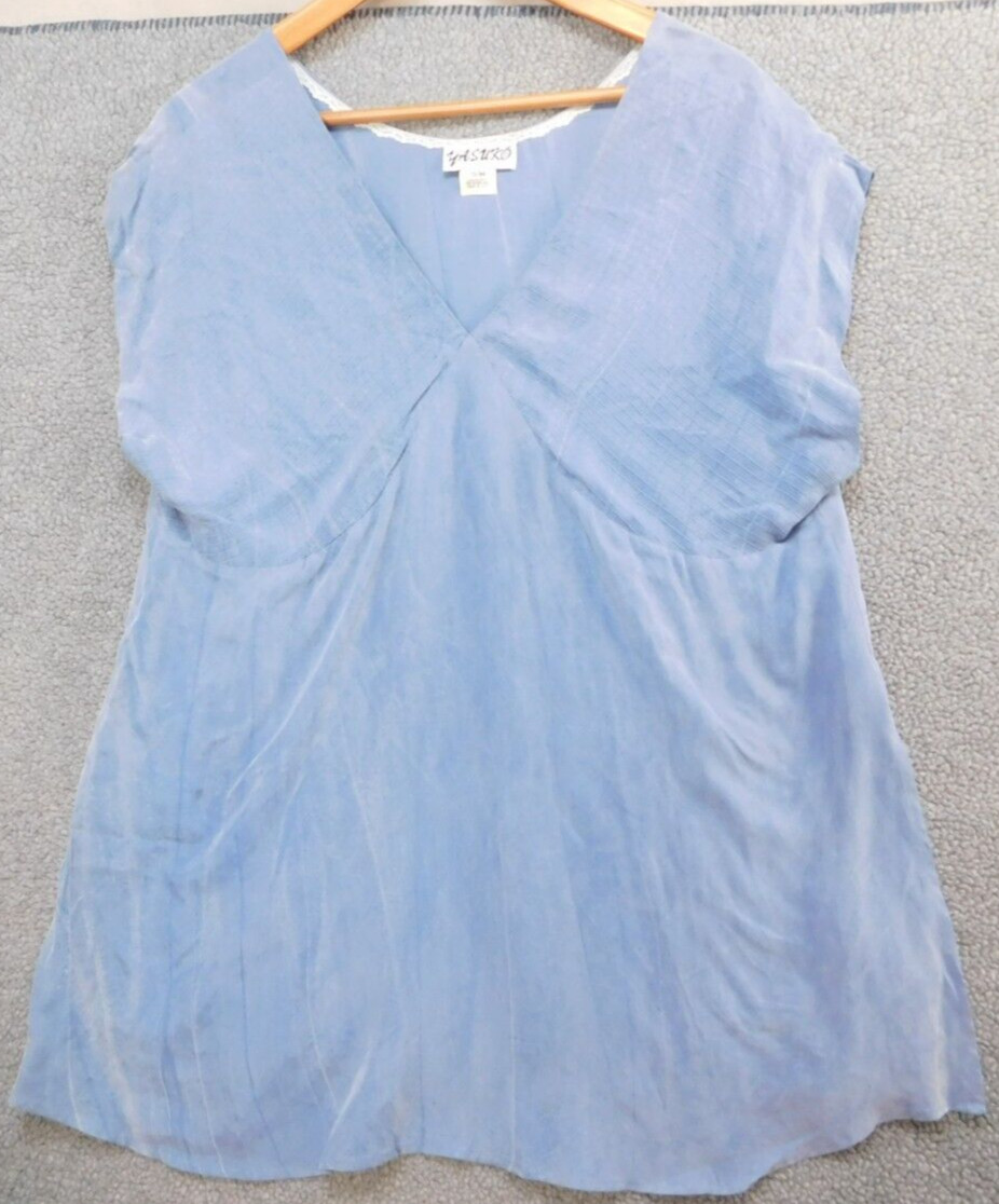 Yasuko Women’s S/M Blue SS Babydoll Top 100% Bemberg Japanese Cupro Lace Collar
