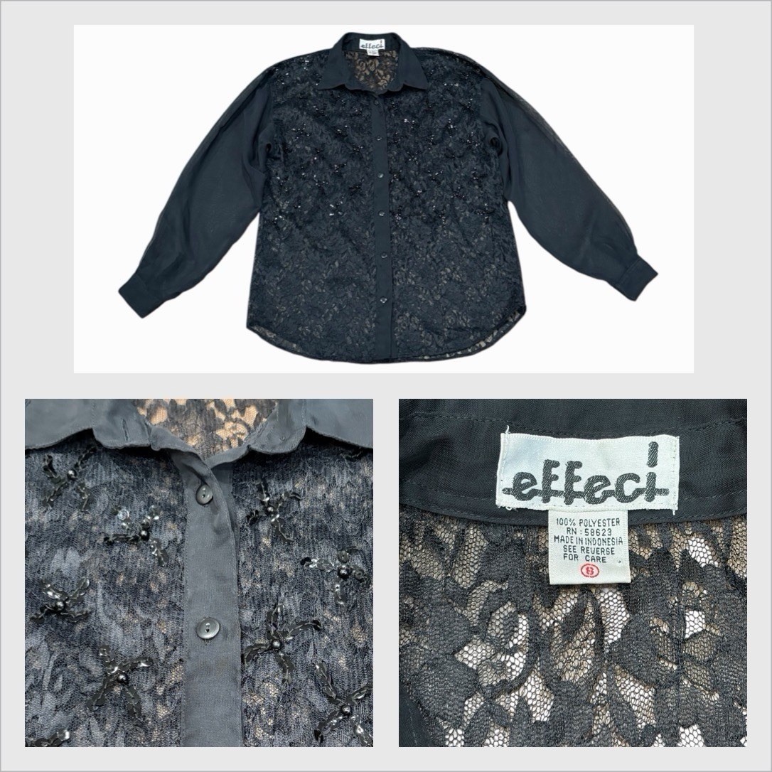 Effeci Womens Lace Sheer Button Up Top Sequins Gothic Dark Romantic Black Small