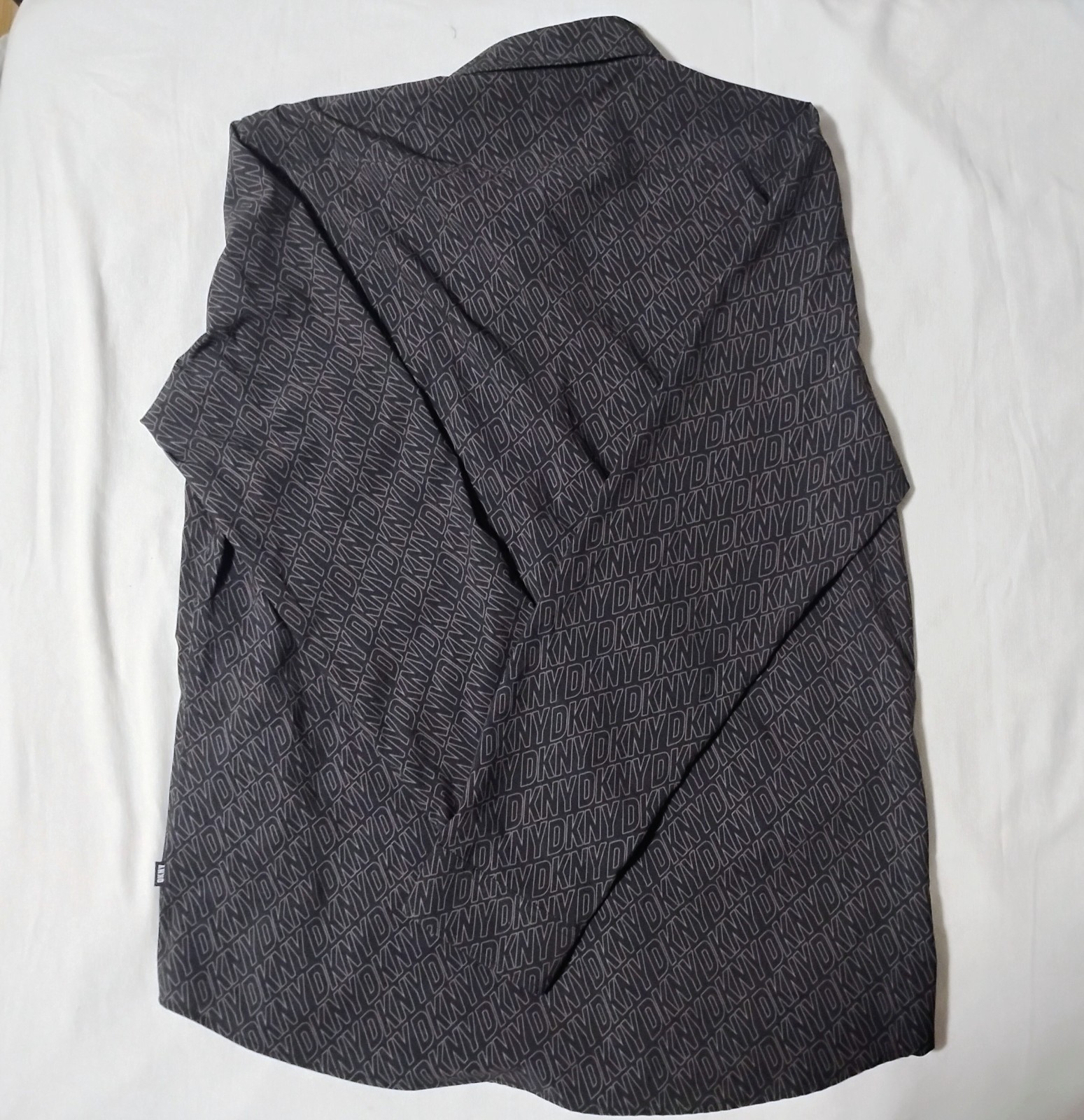 DKNY Mens Shirt XL Long Sleeve Button Up All Over Logo Print Black Gray