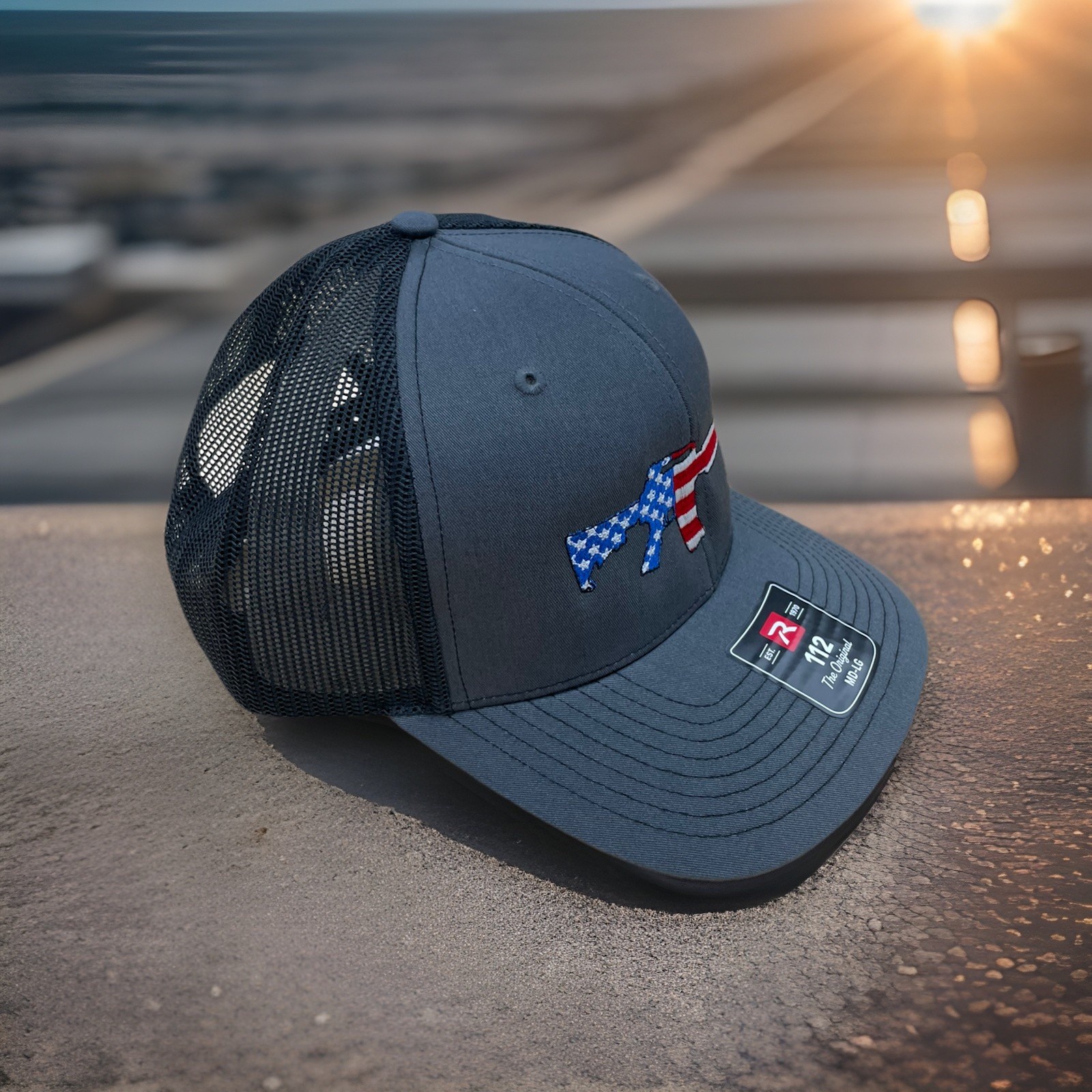 Richardson 112 charcoal/Black Trucker Hat USA Flag Embroidered Snapback Cap MAGA