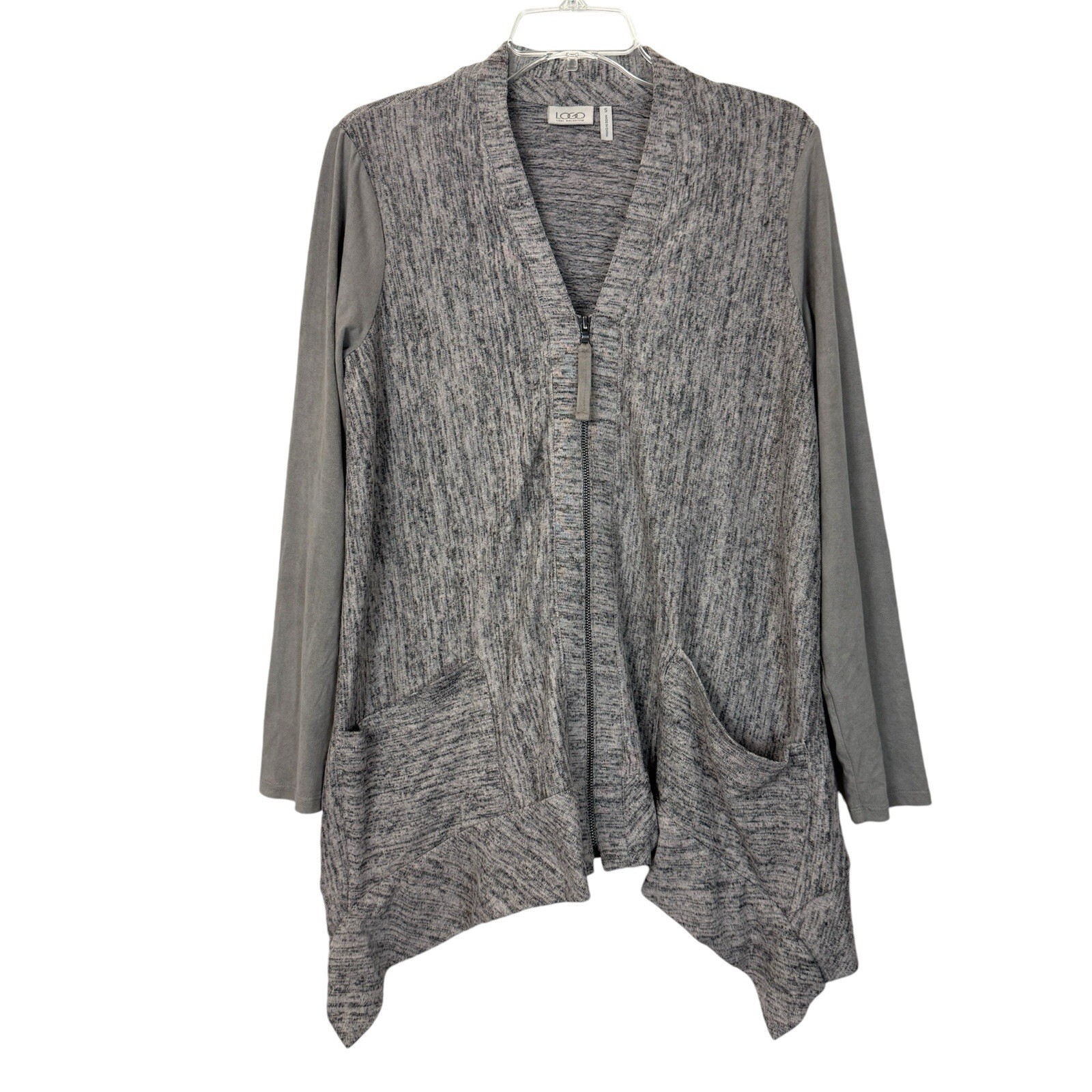 Logo Lori Goldstein Sweater Full Zip Cardigan Womens S Knit Gray Marled Pockets