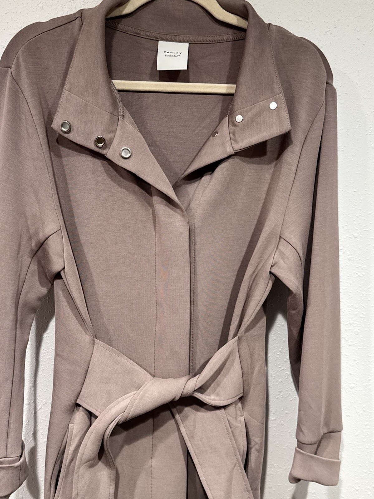 VARLEY Anset Jacket DoubleSoft Snap High Neck Belted Wrap Cardigan Mauve Taupe M