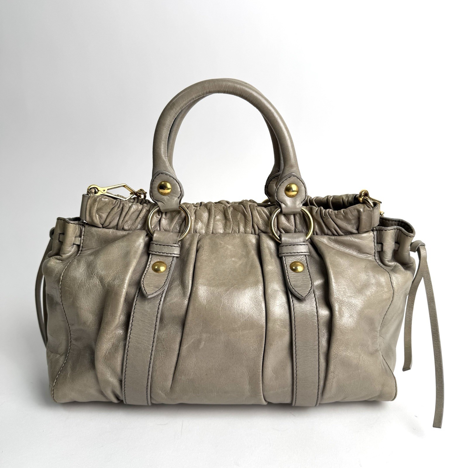 Miu Miu Vitello Lux 2Way Handbag Shoulder Bag Gray Greige Leather Auth Y2K e107