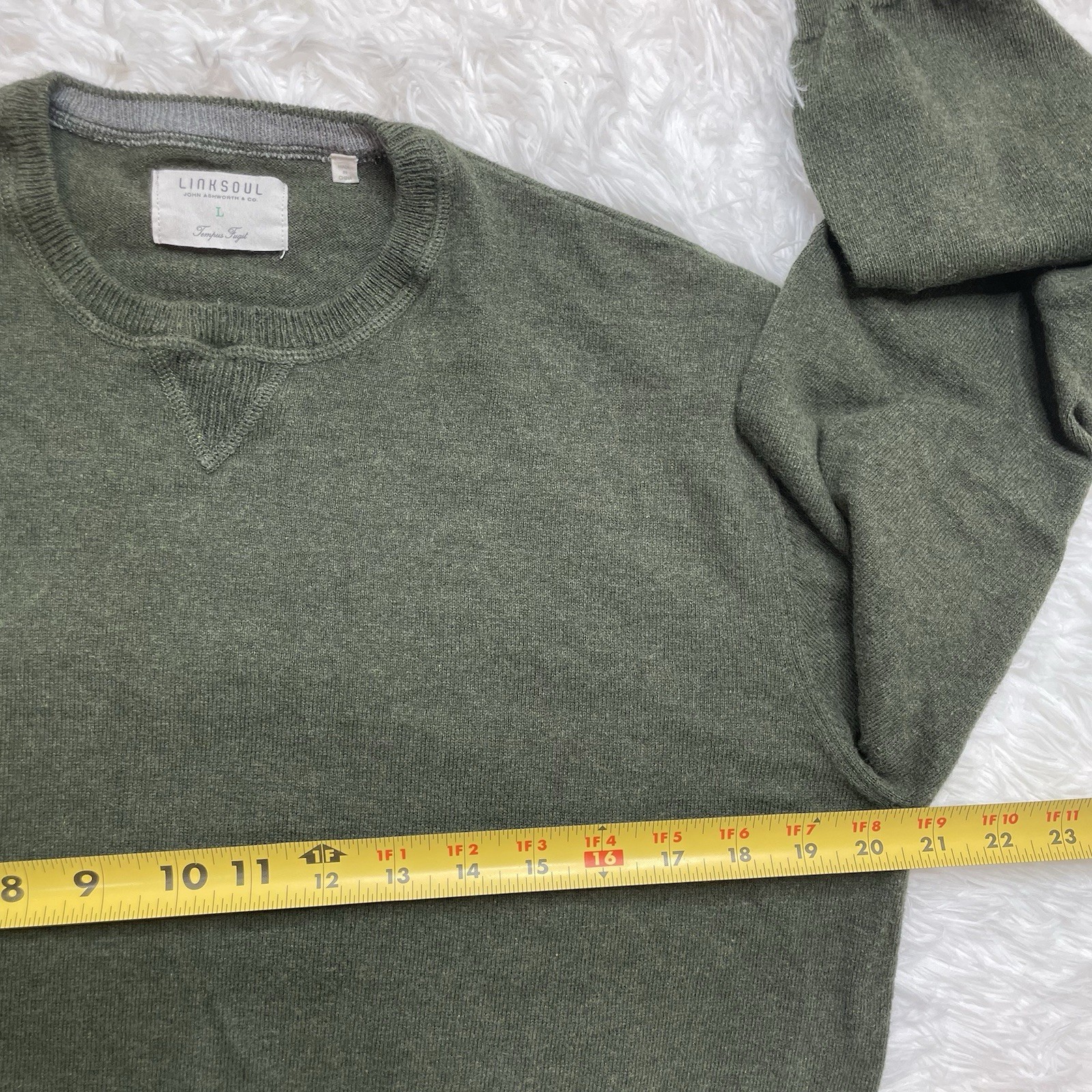 Linksoul Men’s Size L Large Cotton Cashmere Sweater Green Elbow Patches Luxury