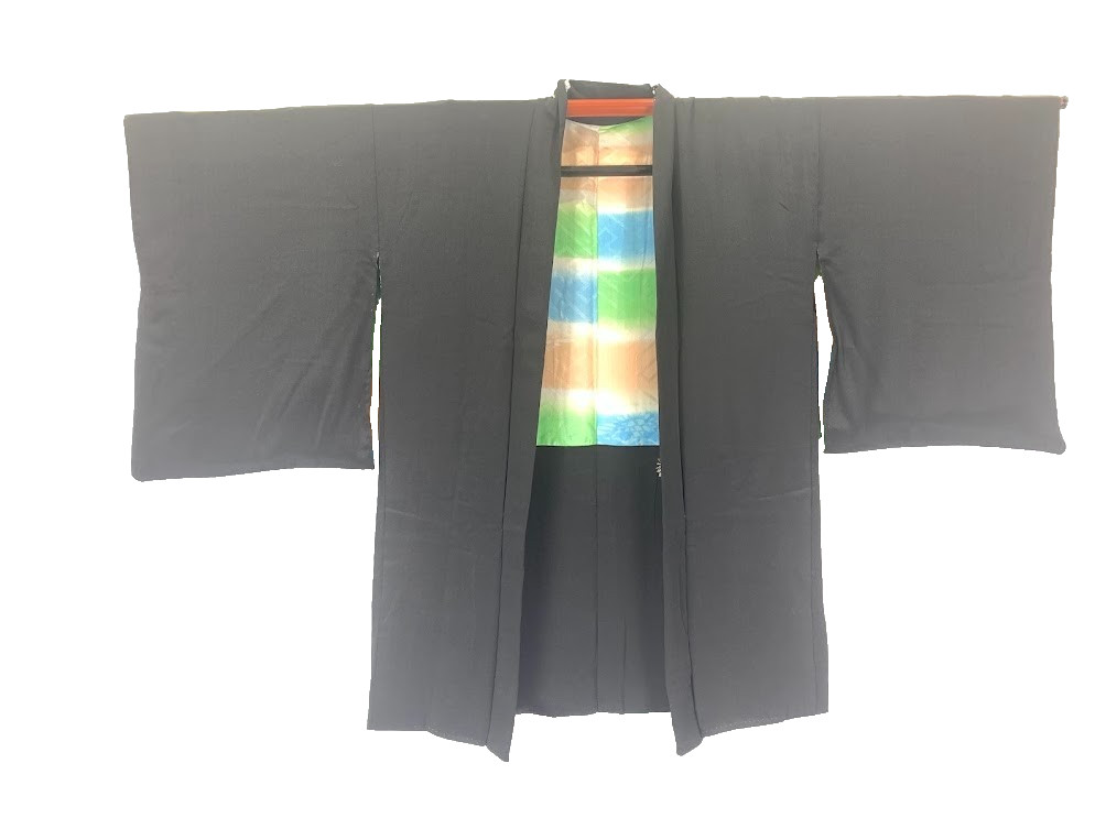 Vintage Kimono Haori Japan Silk Chirimen Crepe Plain Black Colorful Lining XL