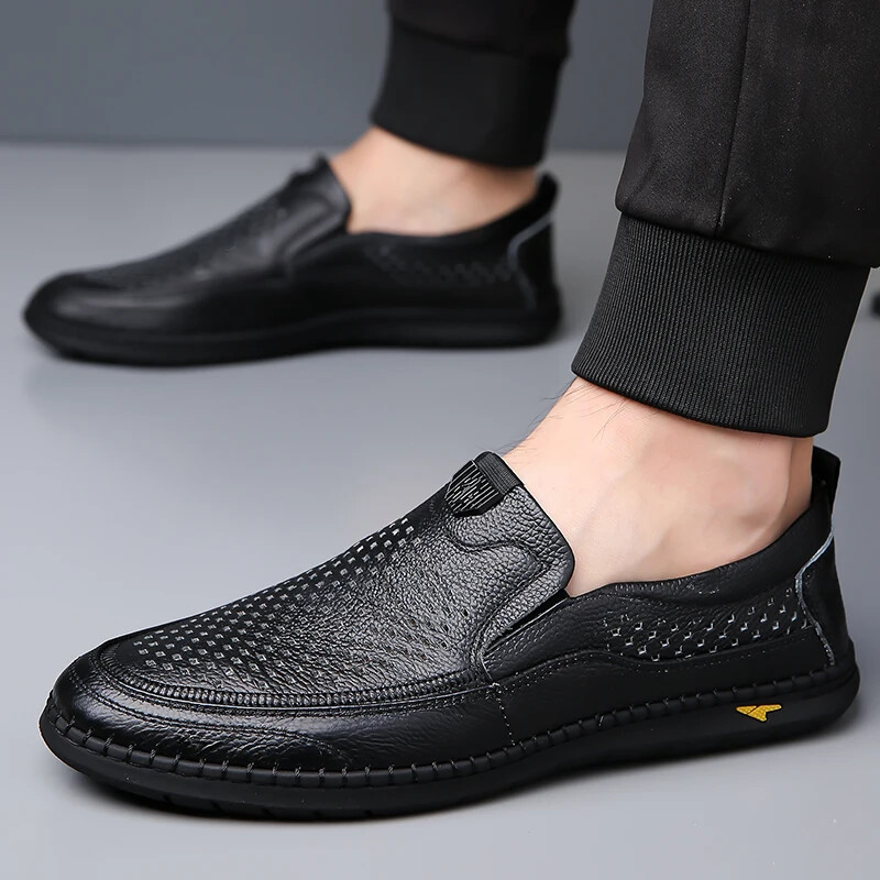 Men’s Casual Breathable Loafer Genuine Leather Moccasin Hollow Out Driving Shoes
