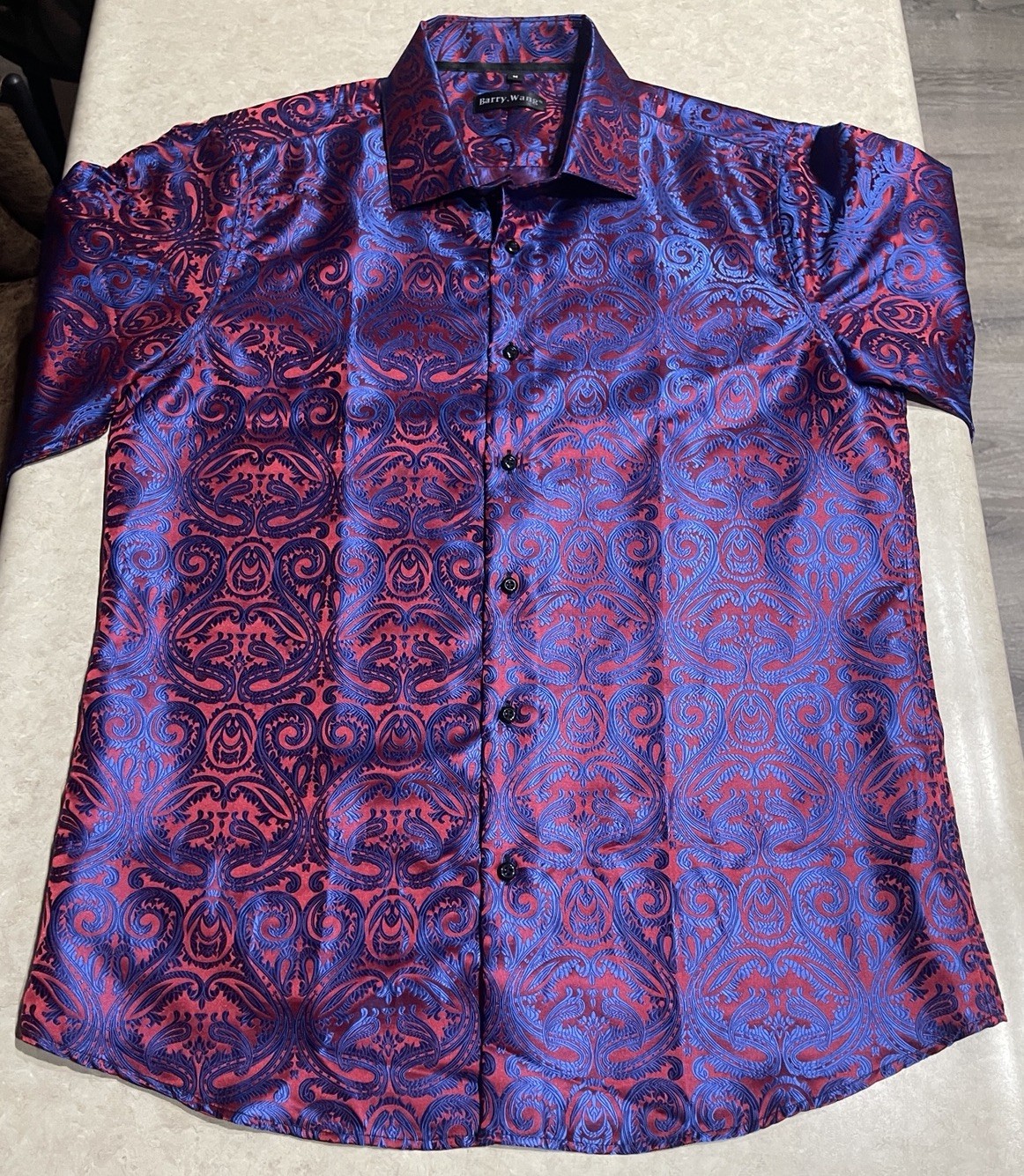 Barry Wang Men’s Red & Blue Paisley Silk Button Down Front Dress Shirt Sz M