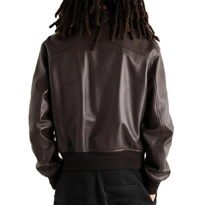 Hot Sale Men’s Brown Leather Jacket Classic Bomber Zip Front Ribbed Waist Jacket