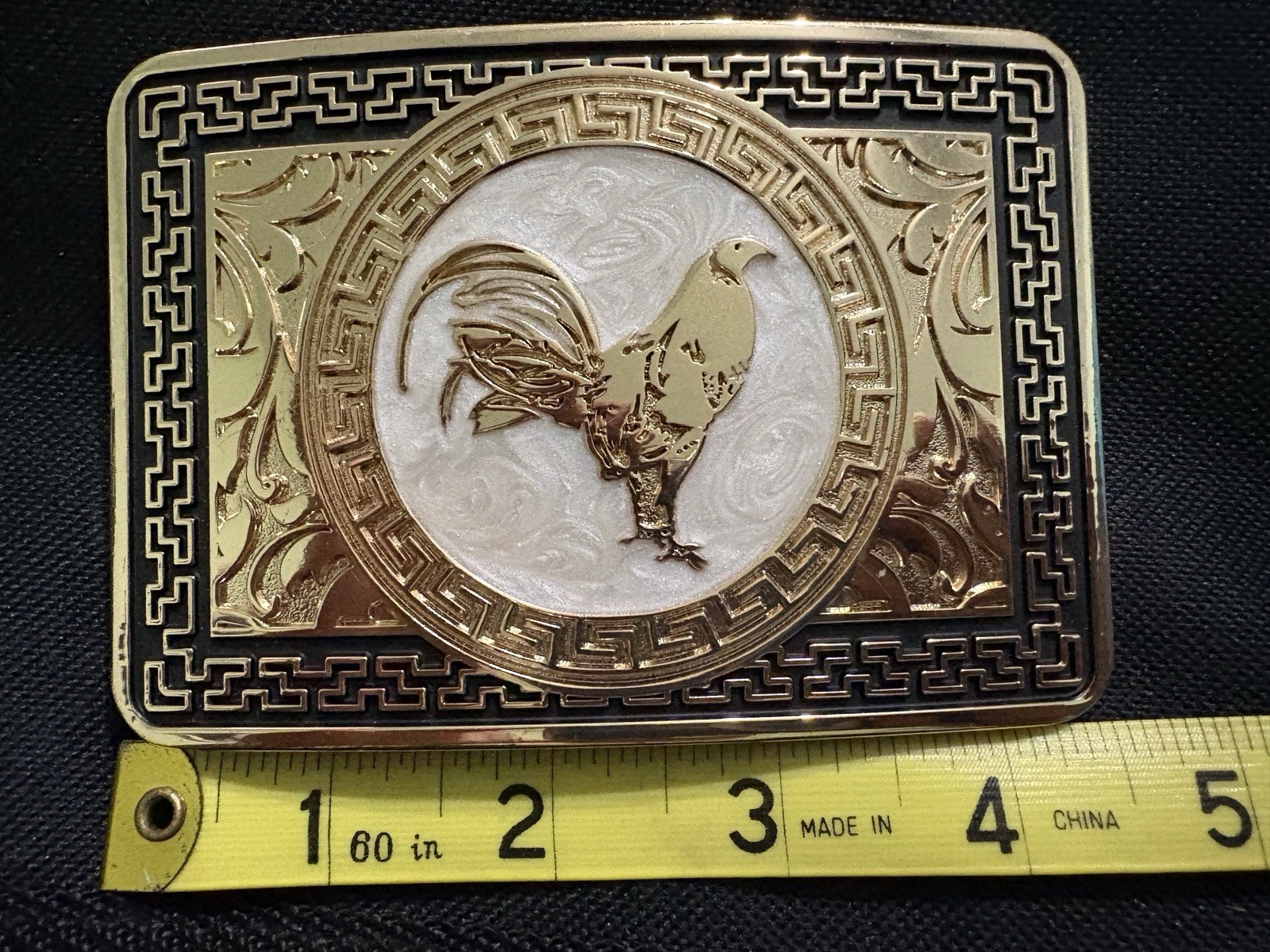 Western Rooster Rectangular Belt Buckle Gold/Black Metal Fits 1.5in Belt