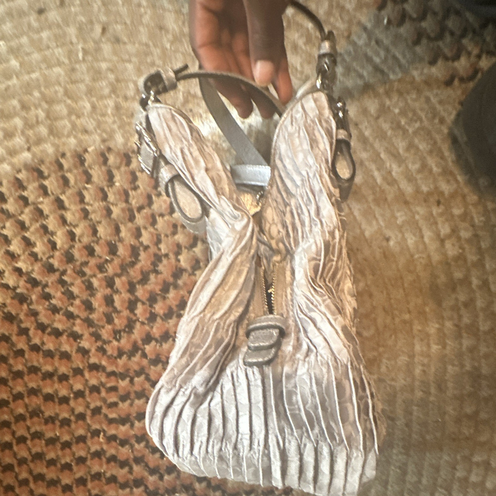 Coach Madison Maggie Large Metallic Silver Shoulder Bag Zip Ruched and Pleated