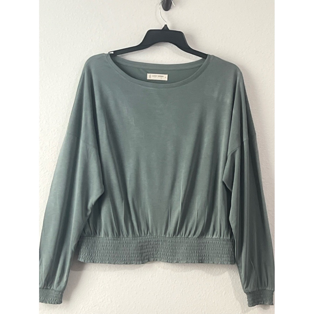 Lucky Brand Sage Green Smocked-Hem Boatneck Top, Size XL
