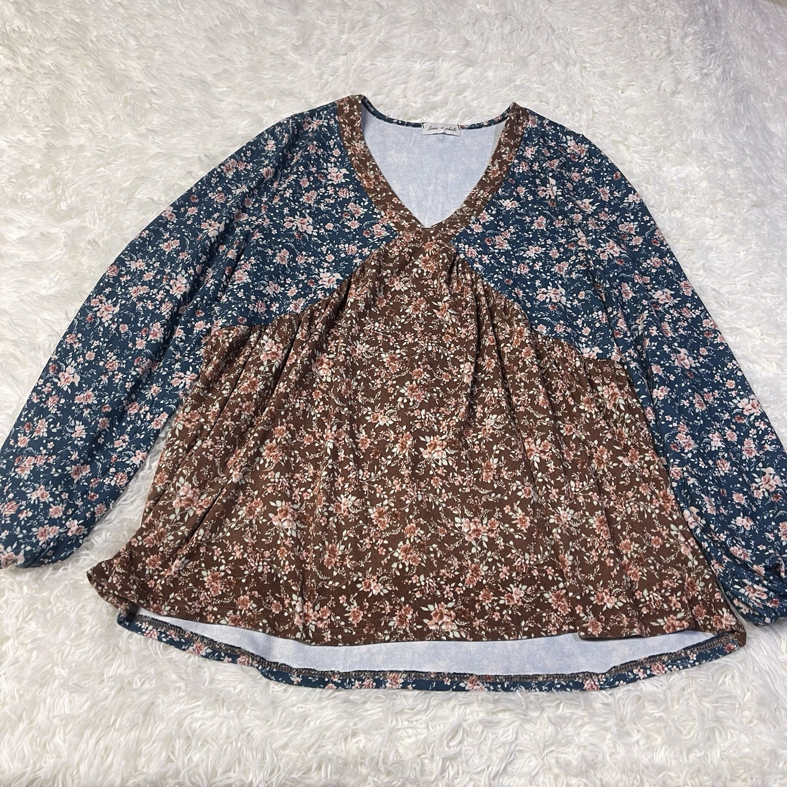 Lime n Chili size M Blue Brown Floral Print Loose Fitting Long Sleeve Top