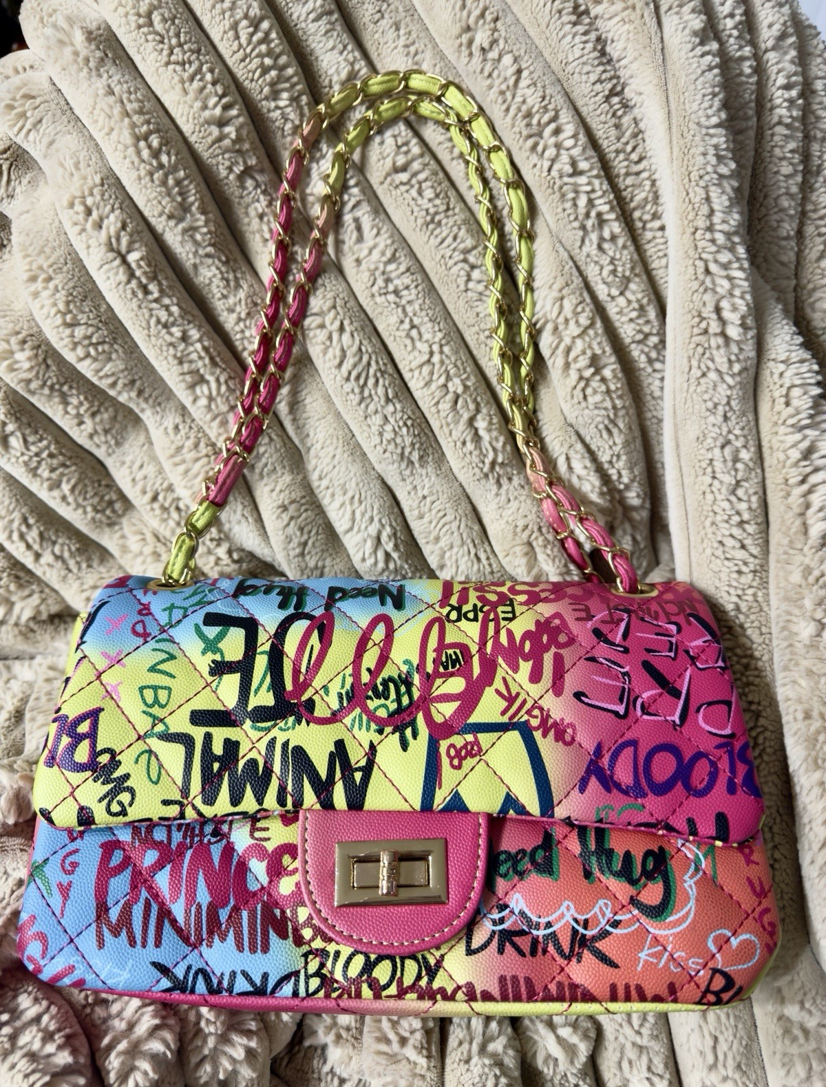 Alba Colorful Funky Graffiti Print Quilted Flap Shoulder Bag