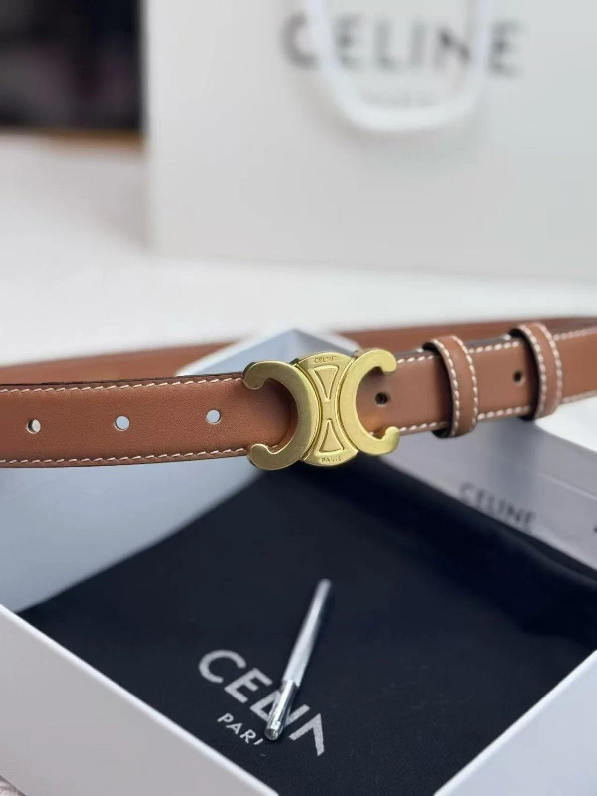 Celine Brown /Black sided Belt for Women in Tan 100cm Size NEW With Box