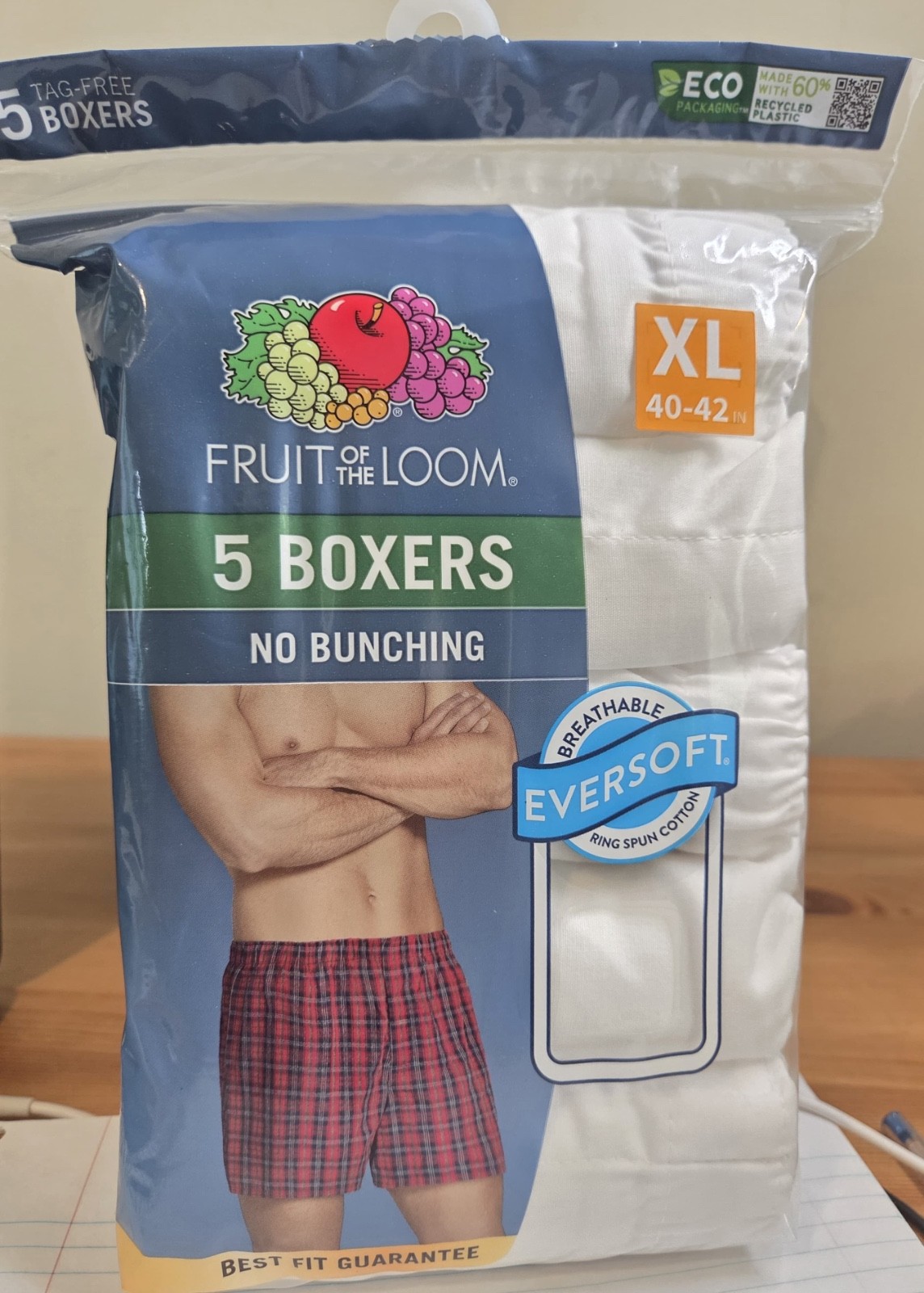 5 White XL 40-42 Inch Boxers Fruit Of The Loom EG 102-107 CM