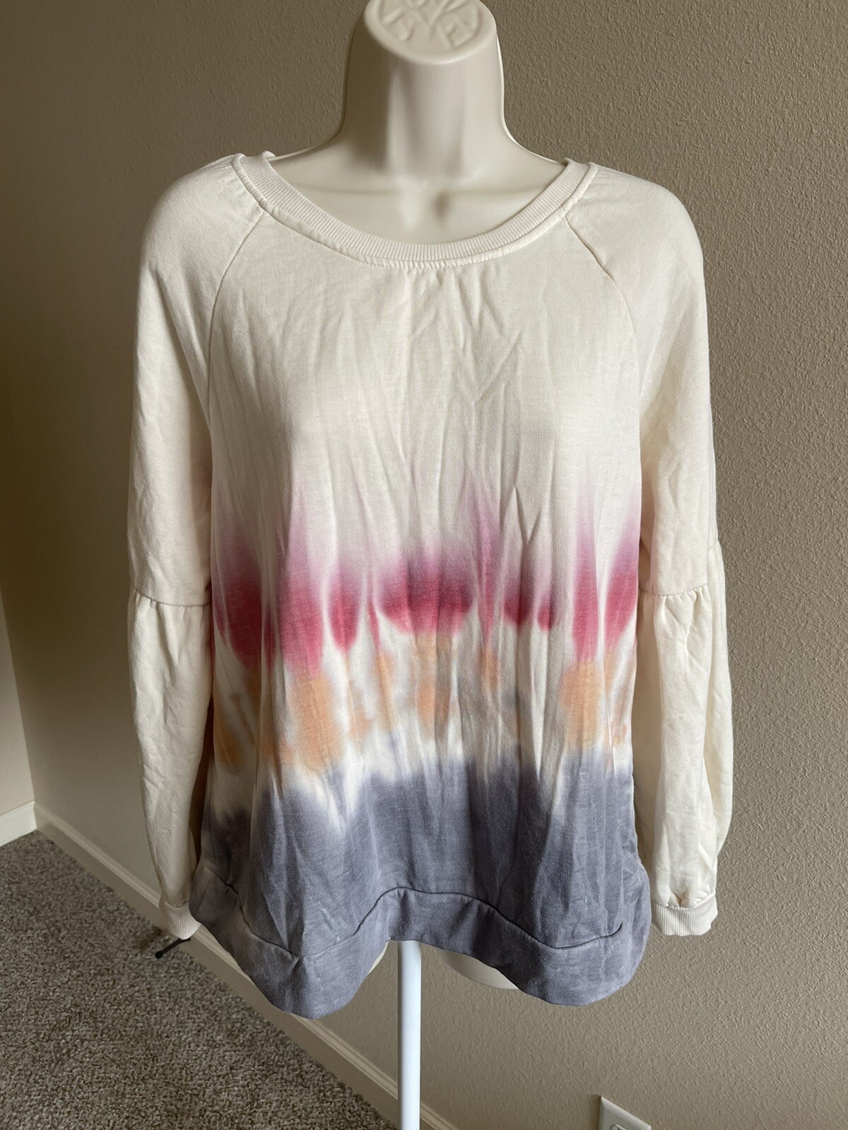 Knox Rose Women’s Ivory Pink & Blue Dye Long Sleeve Round Neck Sweater s XL