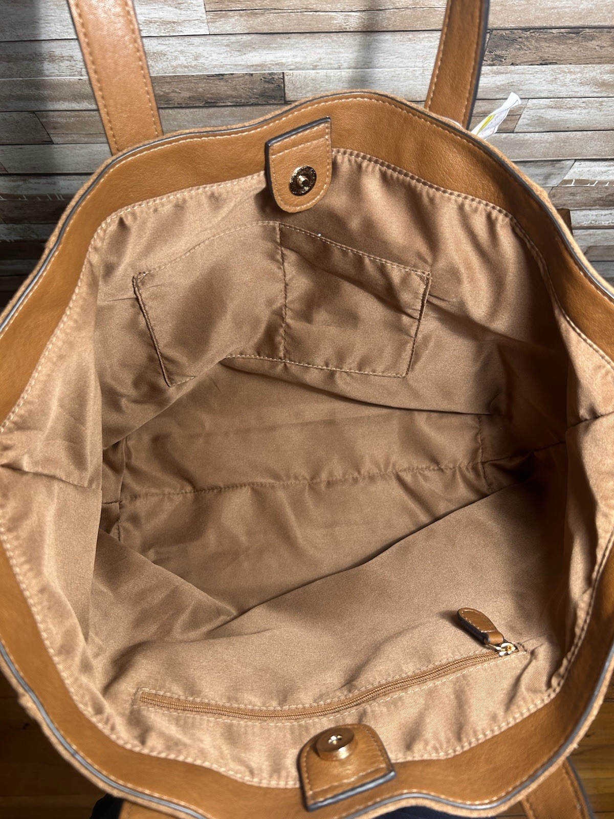 Centric Brown Tote Bag Floral Applique Double Handles Magnetic Zip Closure