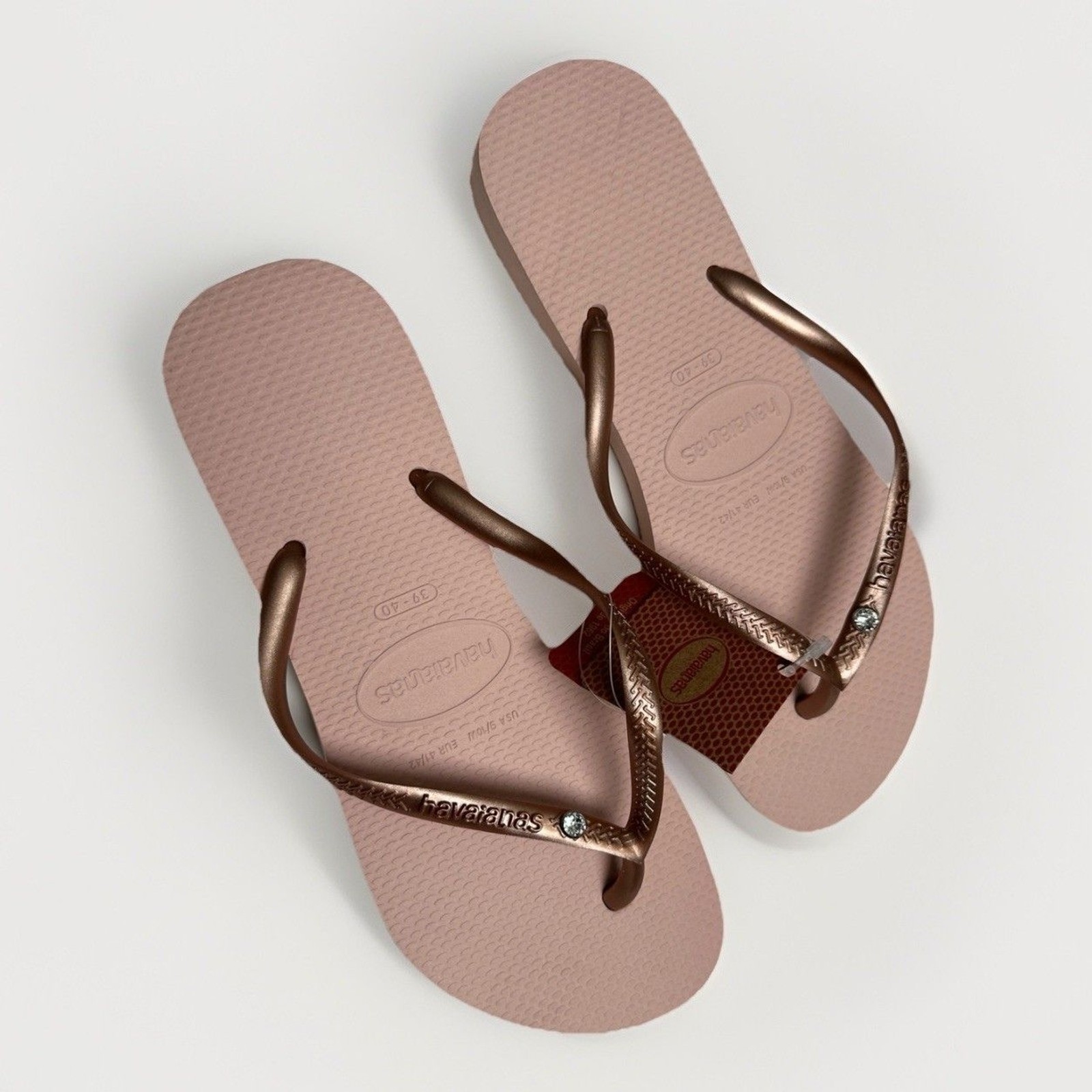 Havaianas Brazilian Flip Flops Sz 9/10 Eur 39-40 Rose Gold Crystal