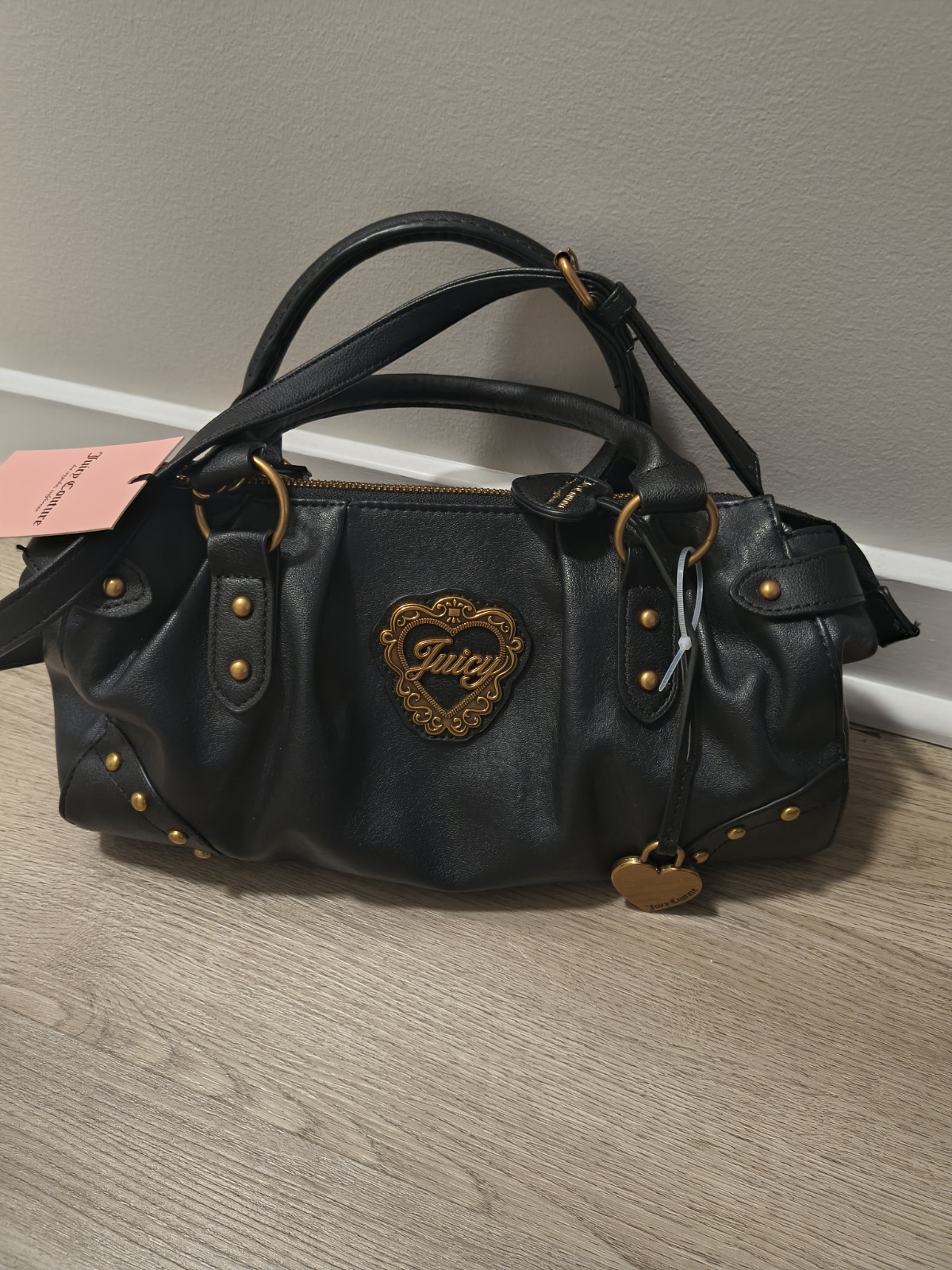 Juicy Couture Black Satchel Top Handle Bag Gold Hardware Logo Studs Zip Strap