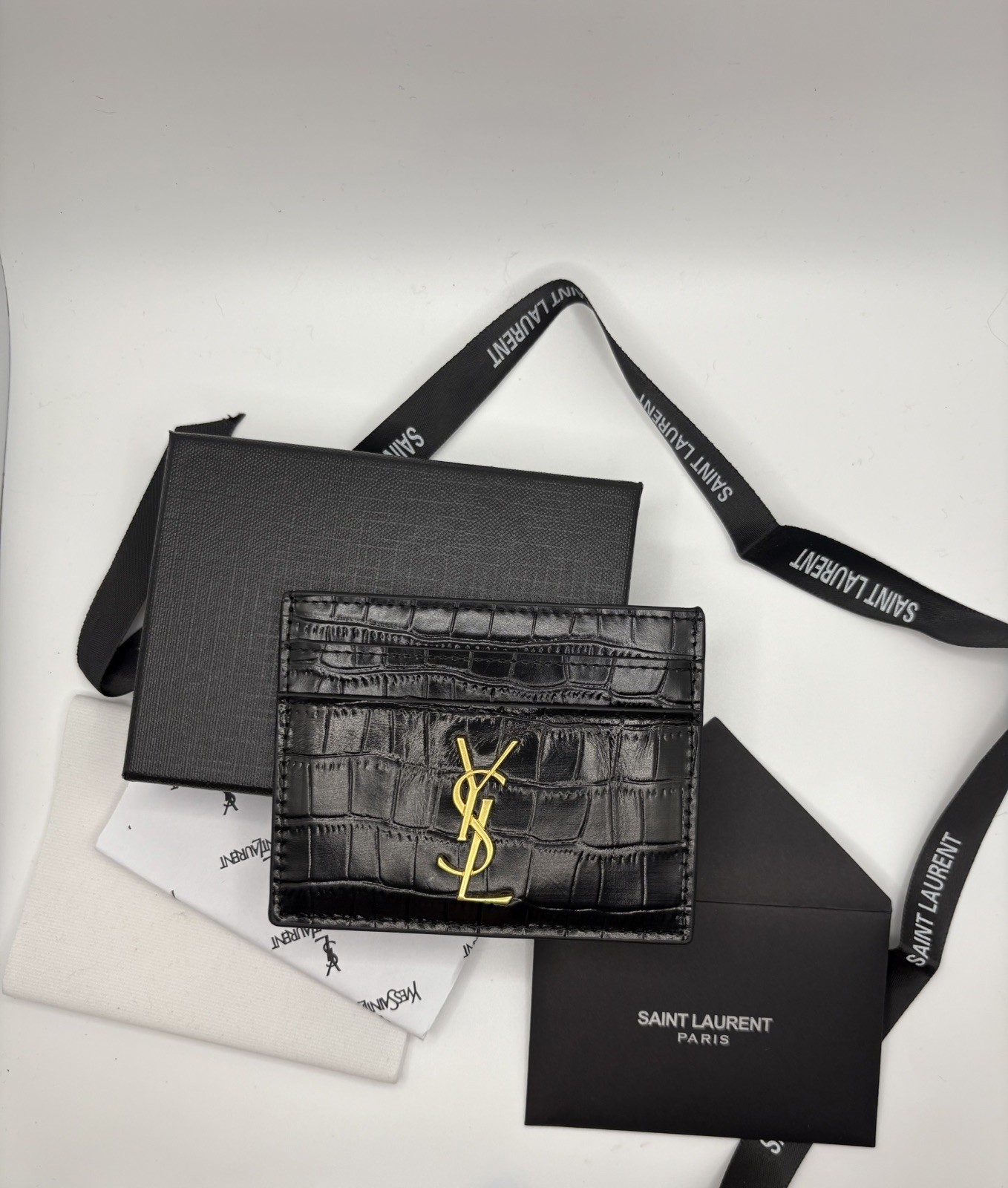 YSL Saint Laurent Black/Gold Leather Croc Embossed Card Holder Wallet