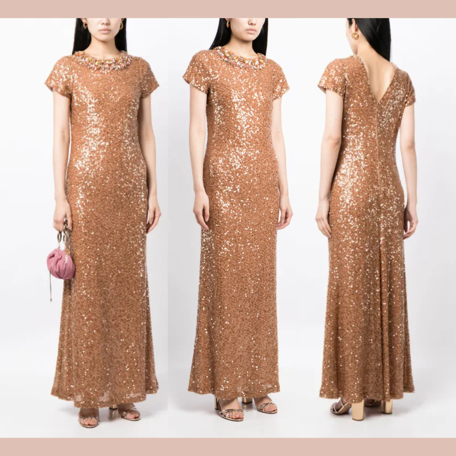 NWT $1095 SACHIN & BABI [ 8 ] Shiloh Short Sleeve Sequin Gown Honey Bronze S1785