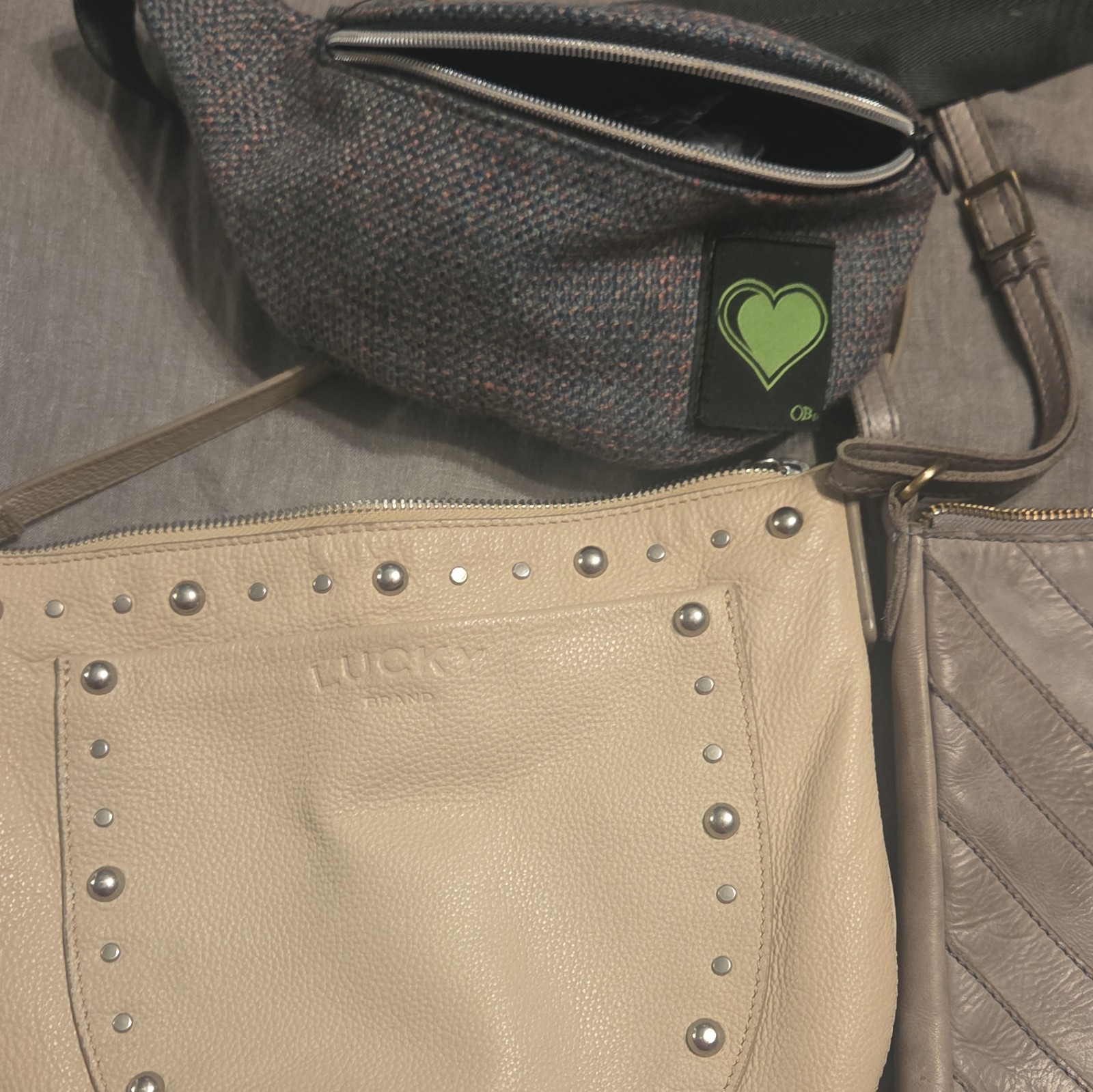 Lucky Brand Studded Zip Crossbody Bag, Beige, Adjustable Strap, Pockets