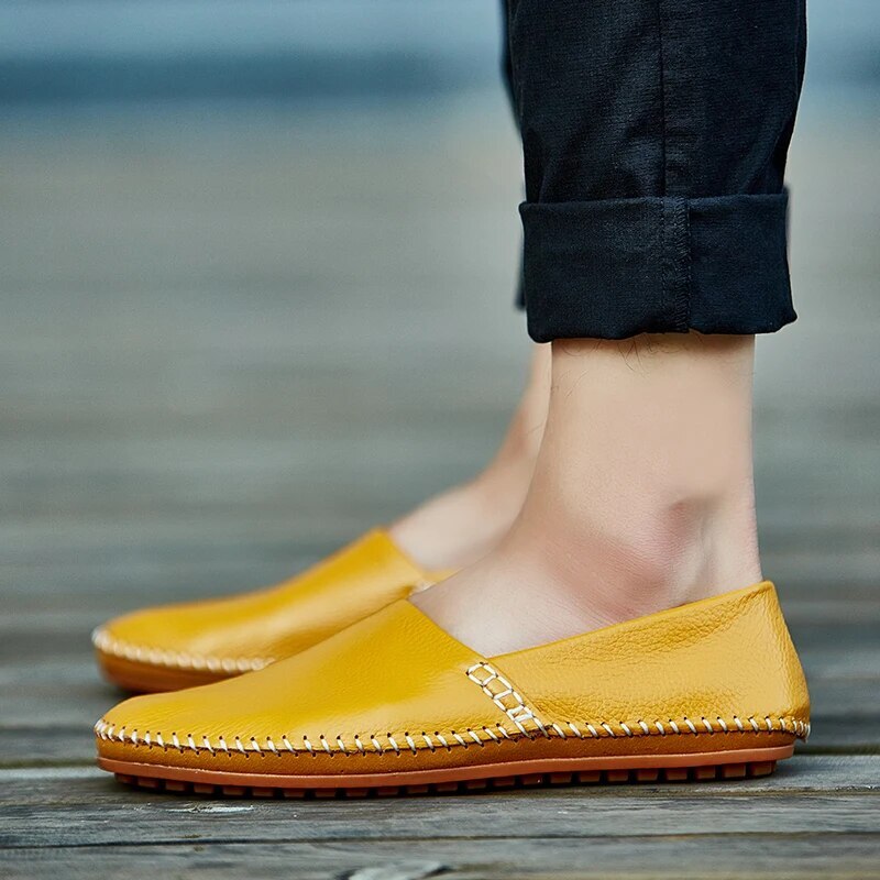 Genuine Leather Men Casual Shoes Lightweight Loafers Slip on Flats Driving Shoes