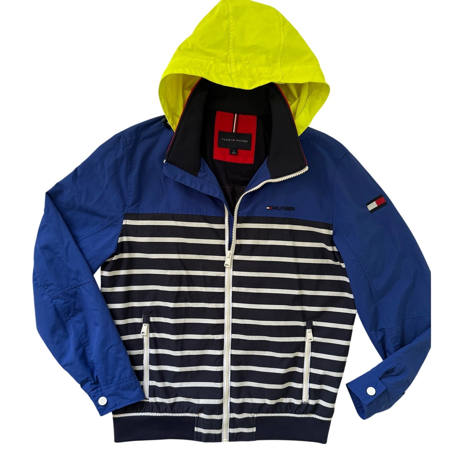 TOMMY HILFIGER Sz Medium Regatta Jacket Rain Wind Resistant Striped Hidden Hood
