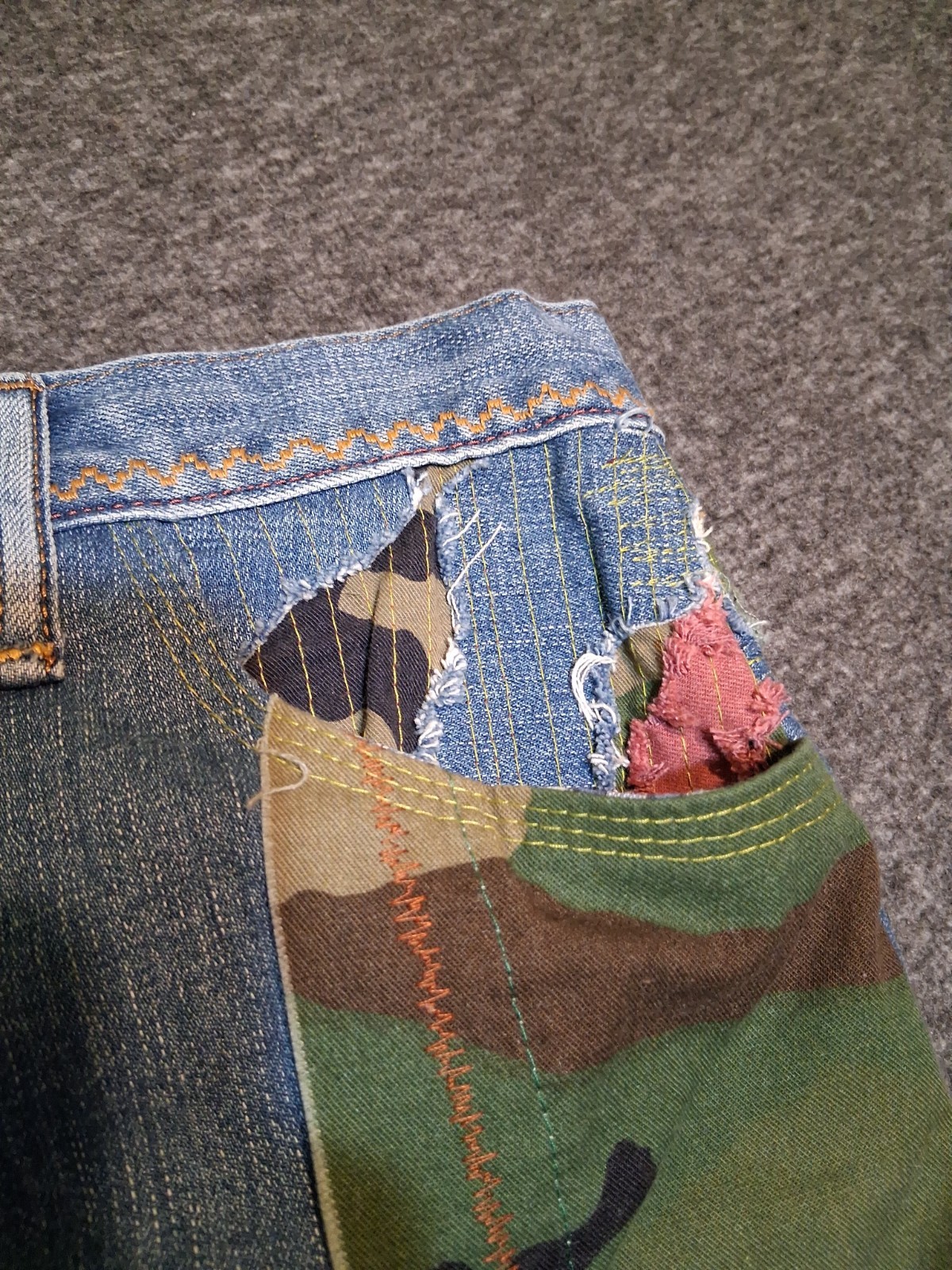 Handmade Patchwork Sz 32×28 Jeans StreetWear Distressed Carpenter Dopamine Camo