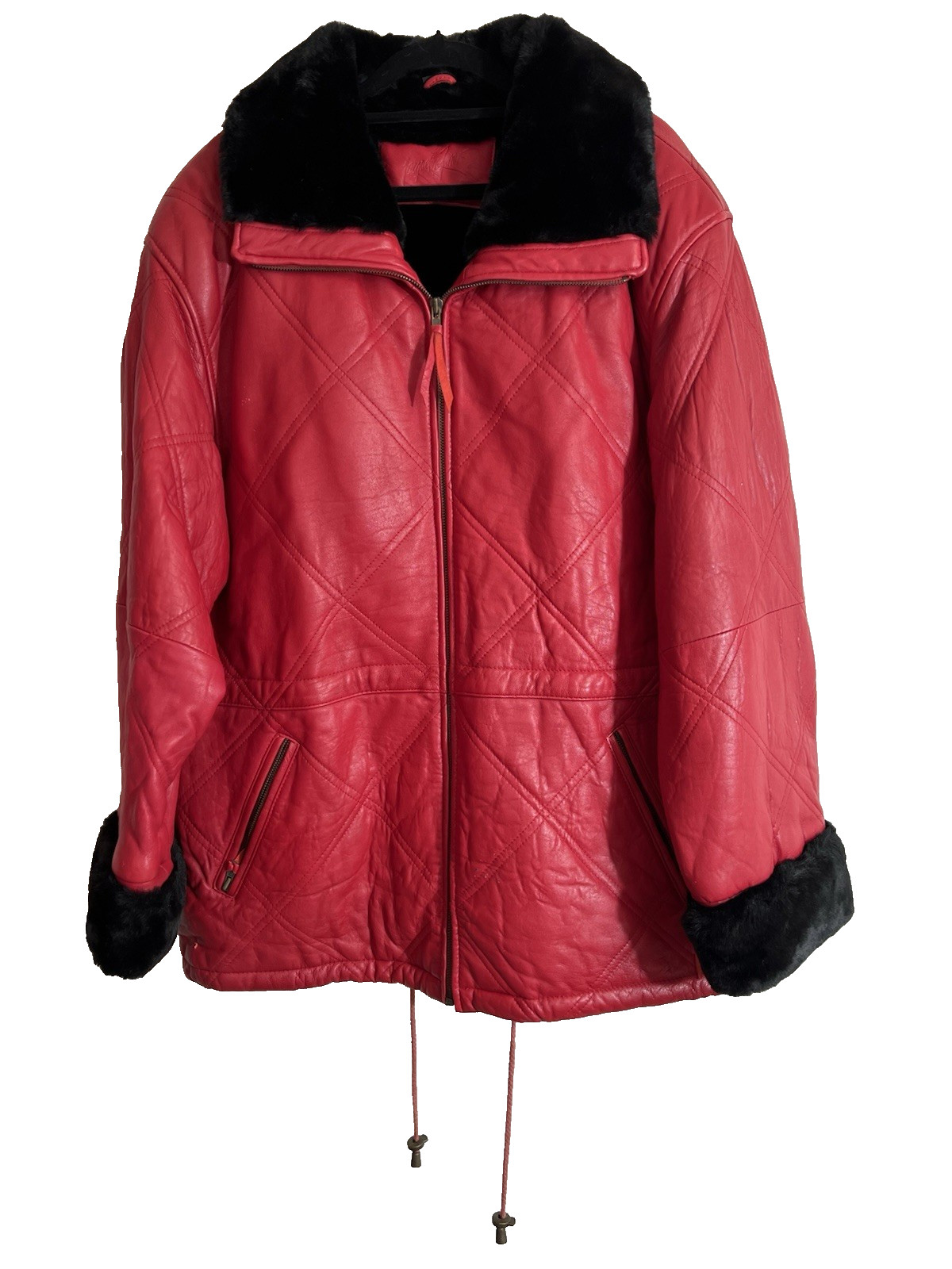 NWT Jacqueline Ferrar Red Quilted Leather Coat Jacket Black Fur Trim Womens L