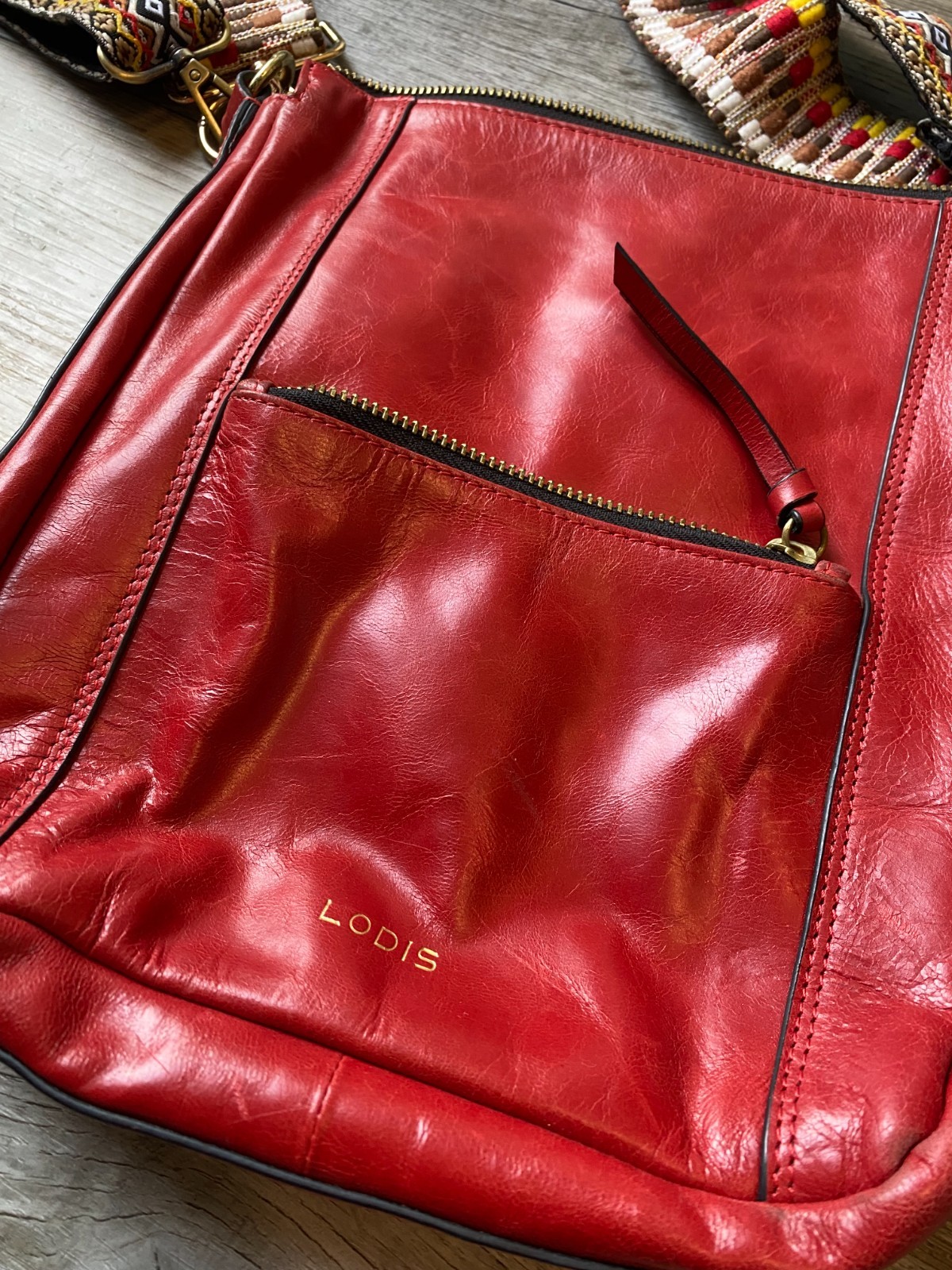 Lodis Red Leather Crossbody Messenger Bag Woven Guitar Strap Handbag Boho Rocker