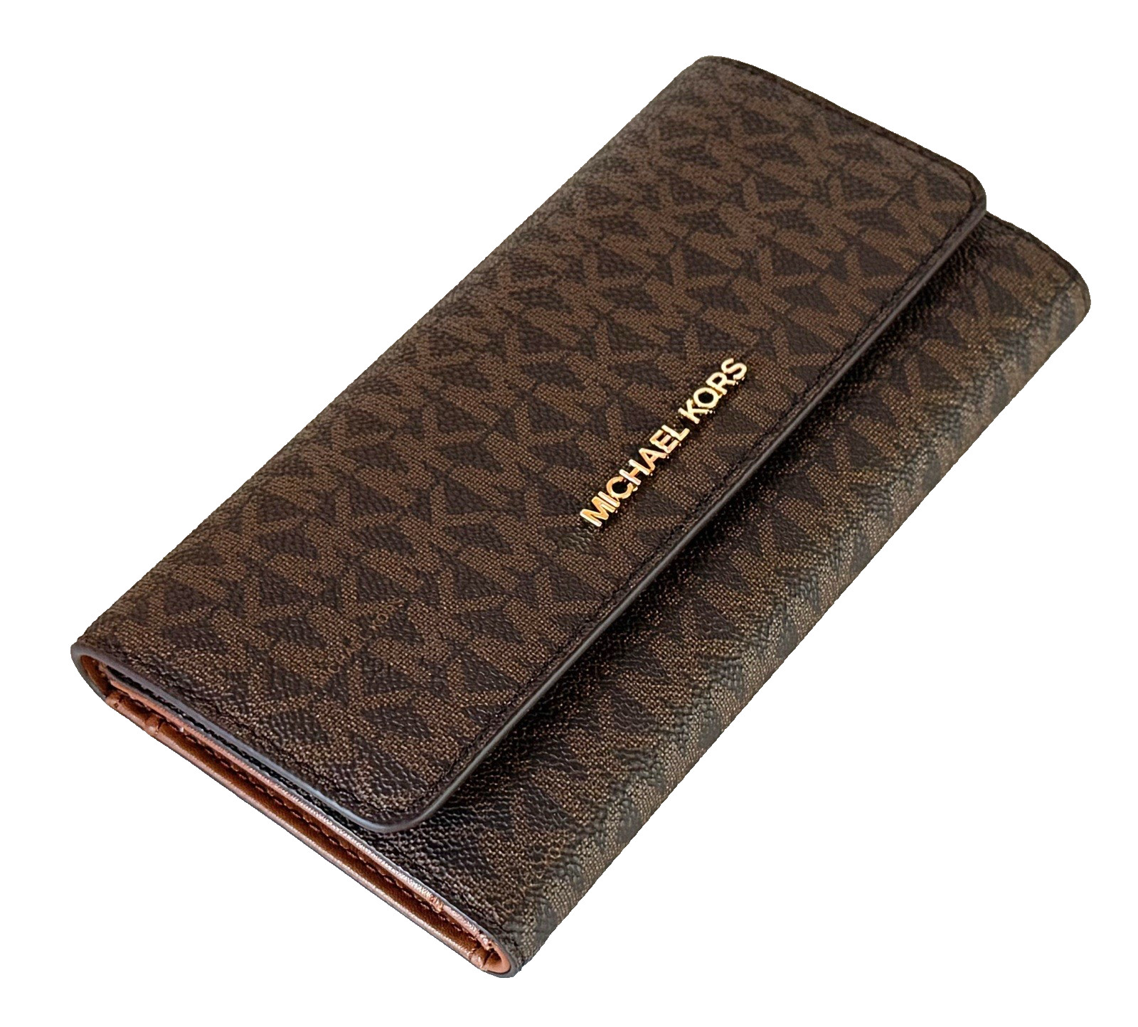 MICHAEL KORS JET SET TRAVEL LARGE TRIFOLD PVC LEATHER WALLET MK BROWN