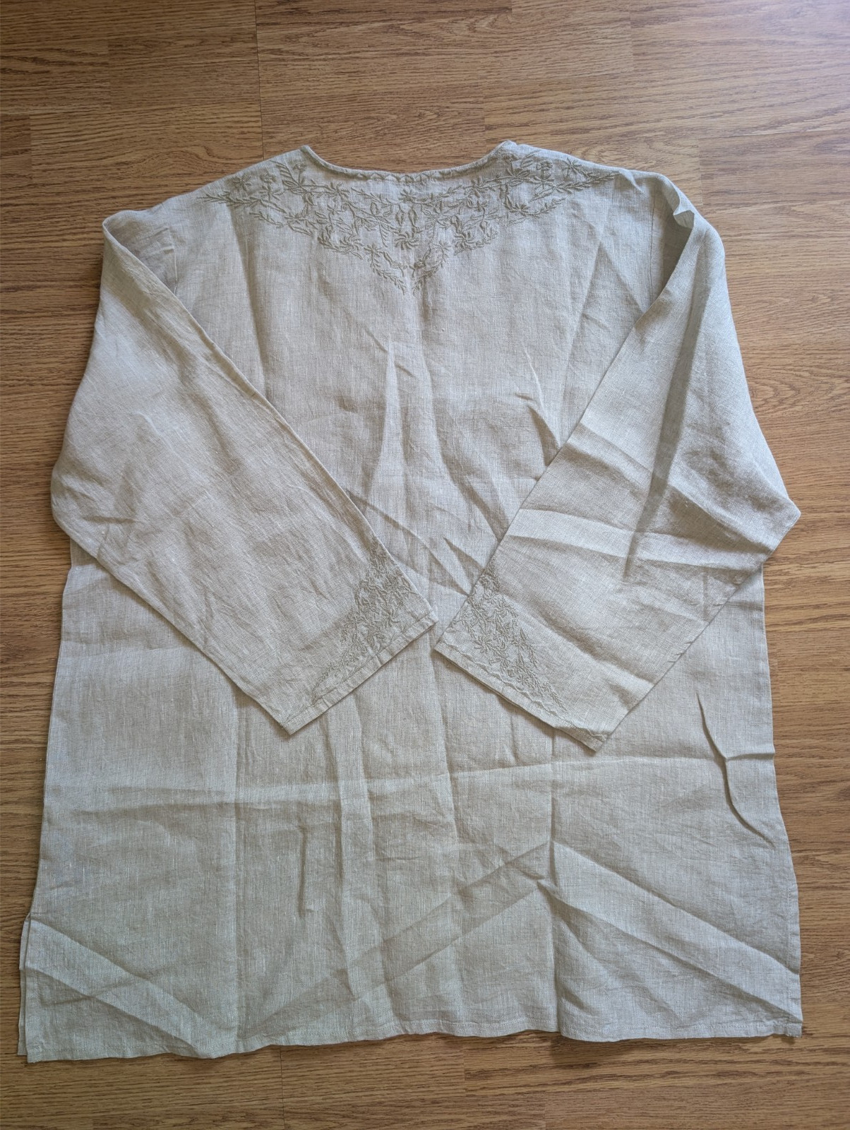 Coldwater Creek Linen Boho Top Beige Button Up w Slit 3/4 Sleeve Embroidered XXL