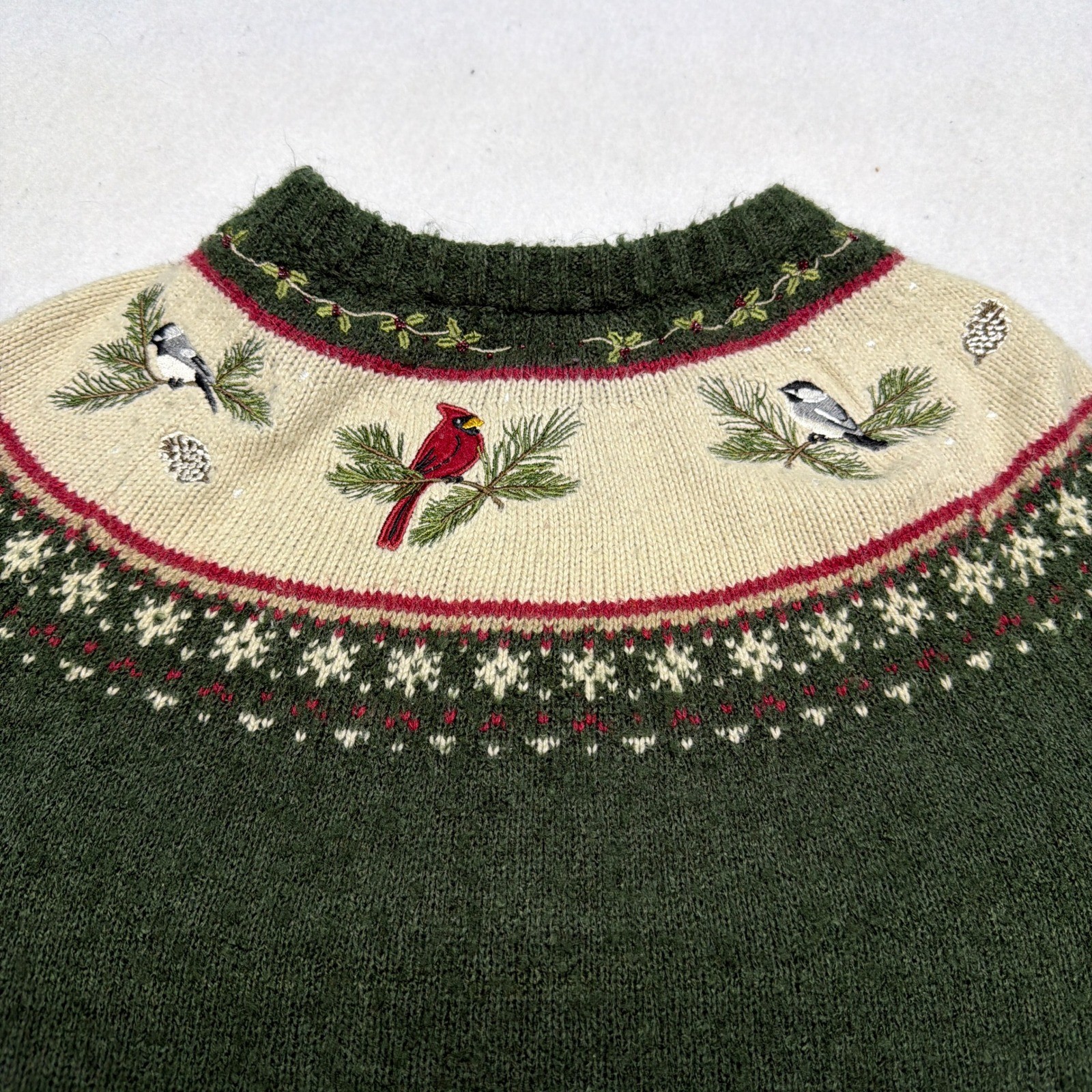Vintage Croft & Barrow Silk Wool Fair Isle Bird Embroidered Knit Sweater Large