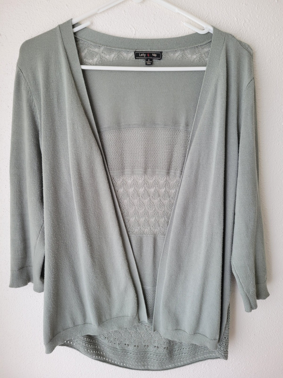 Lety & Me Open Front Lace Cardigan Sage Green Lace Knit 3/4 Sleeve Womens Small