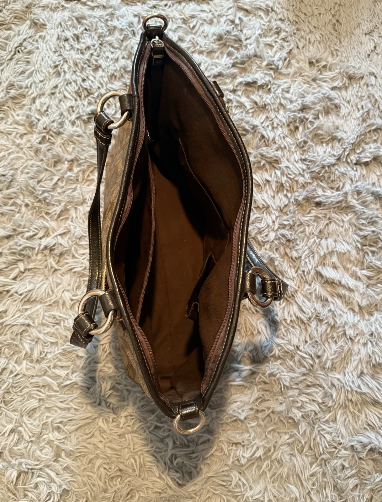 Coach Signature Monogram Satchel Top Handle Tan/Brown Zip Silver Charm Pockets