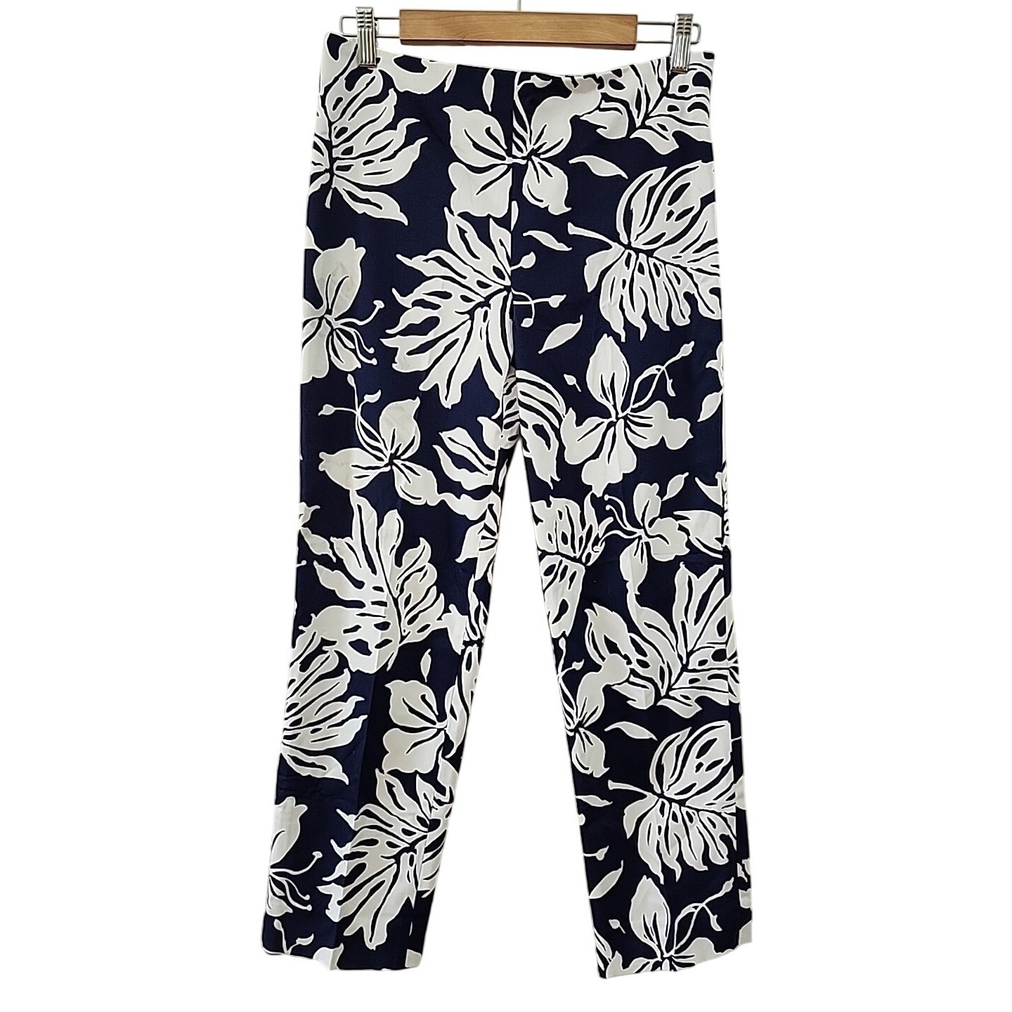 Lauren Ralph Laurenl Straight Leg Pants Size 8 Blue White Stretch Floral Leaf