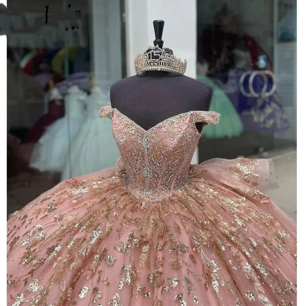 Blush Pink Quinceanera Dresses Off Shoulder Sparkling Beaded Ball Gowns Sweet 16