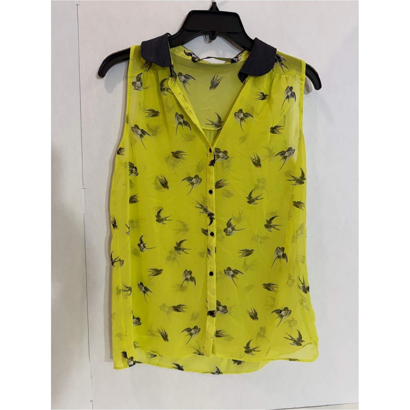 Zara Sleeveless Bird Print Blouse Neon Yellow Sheer Button Front Top Size XS
