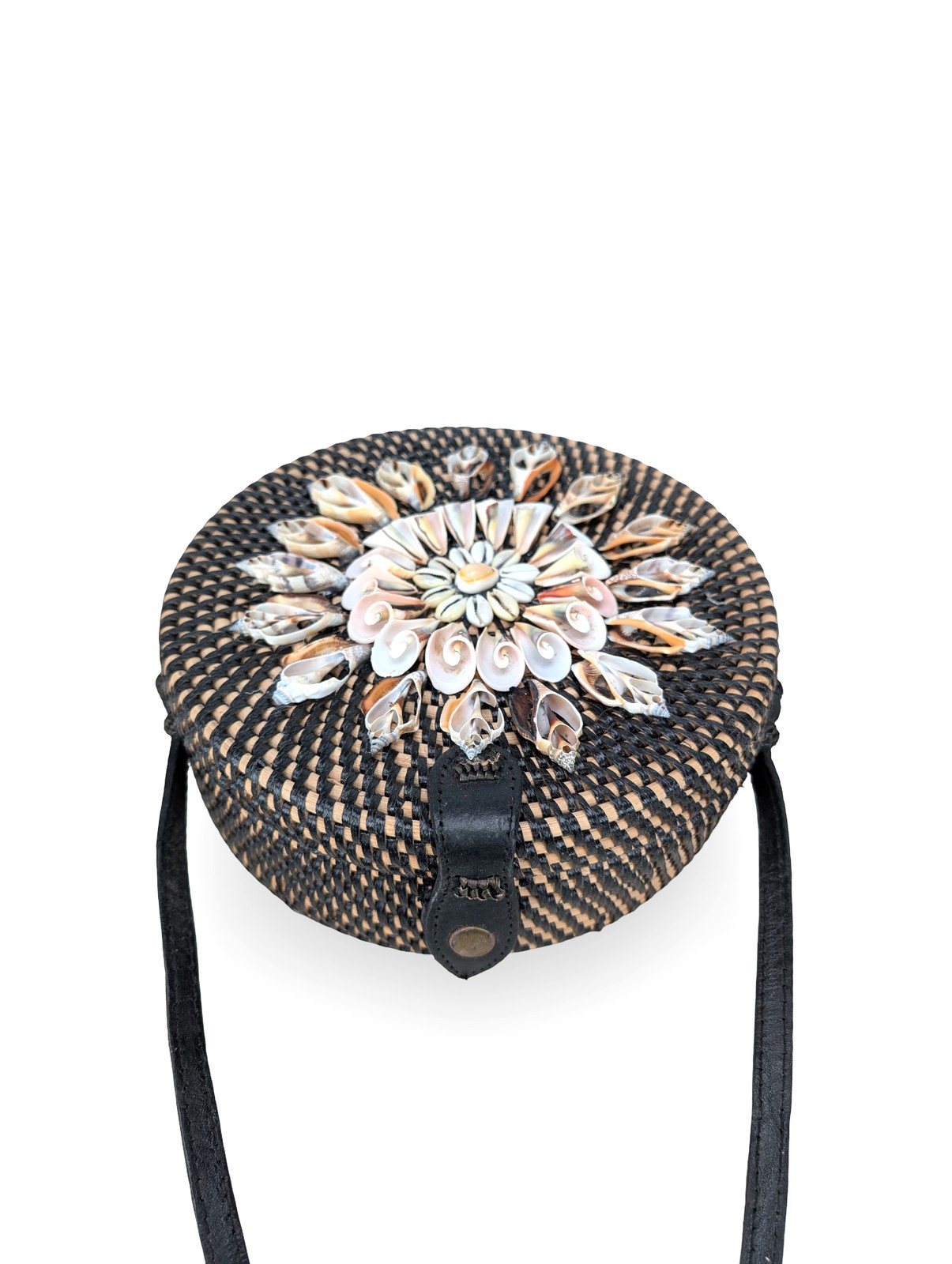 Black Shell Boho Bag, Shell Floral Rattan Bag, Dart Rattan Handbag