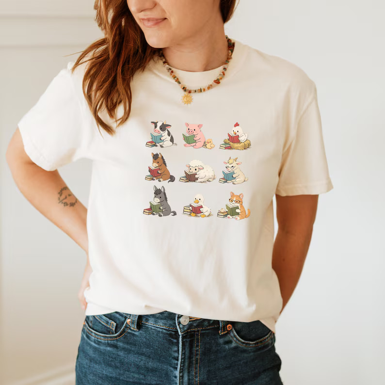 Farm Animals Reading Book Lover Cute Cottagecore Comfort Tee