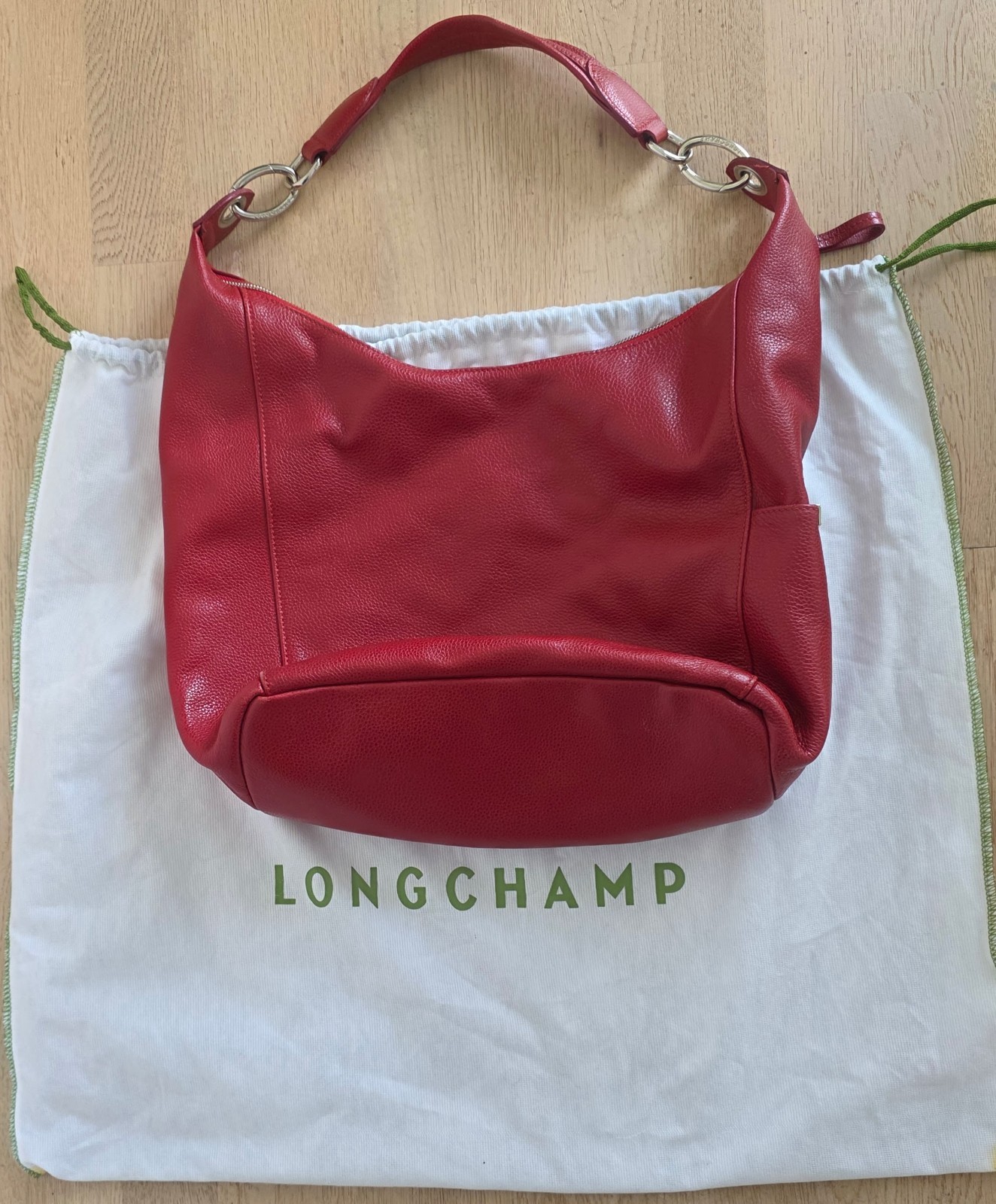 Authentic Red Leather Longchamp Le Foulonnee Hobo Handbag with dust cover