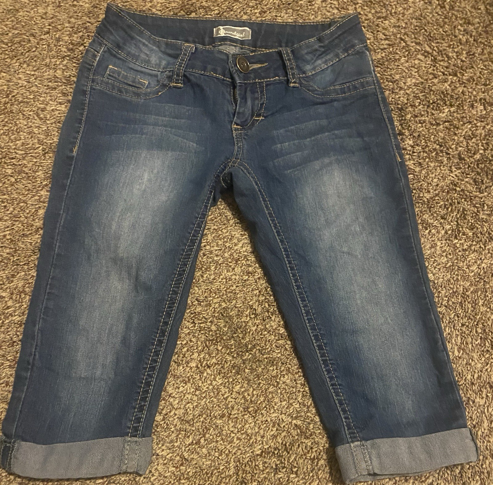 Soundgirl Women’s Blue Denim Cropped Jeans Slim Fit Cuffed 5-Pocket Low Rise 0