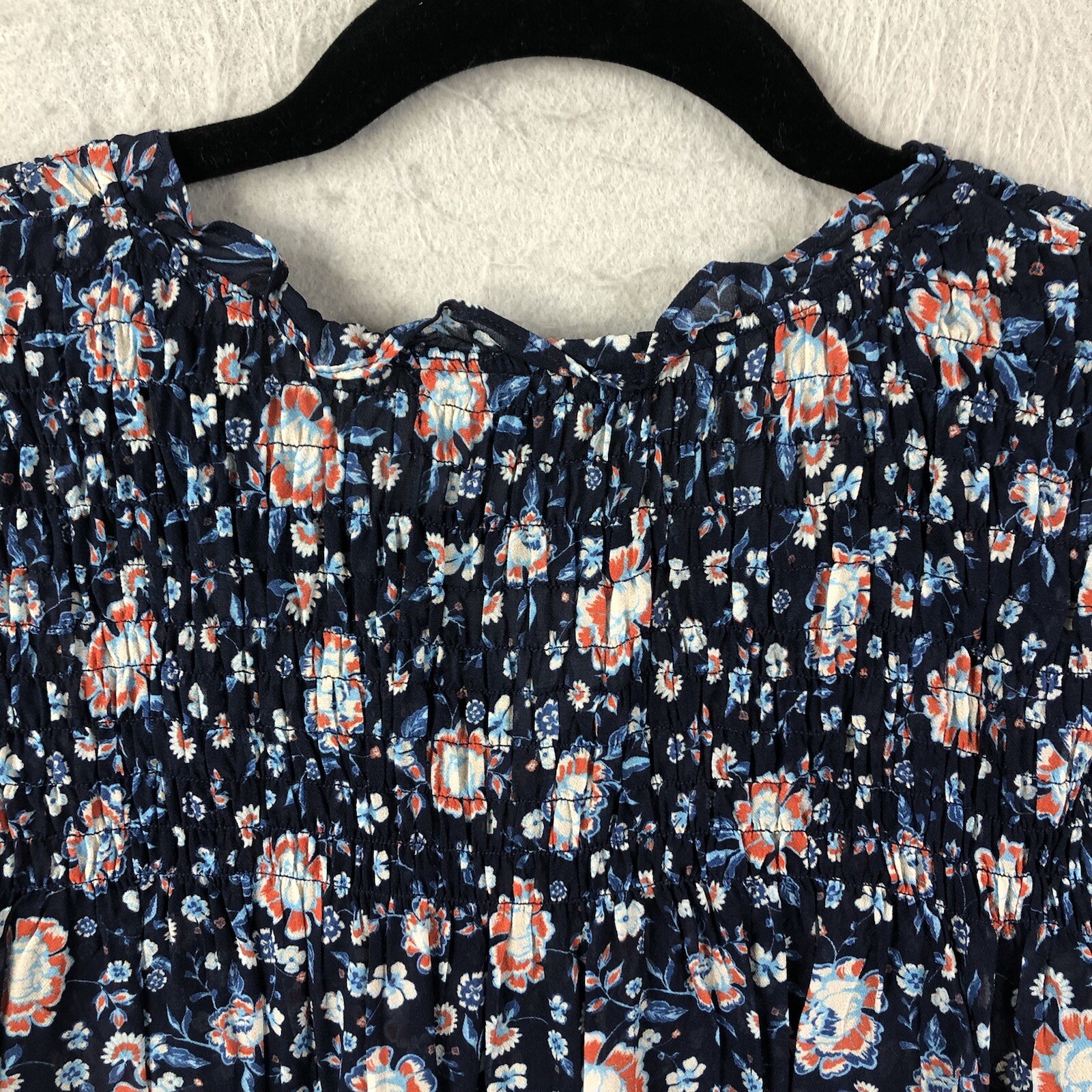 Dear John Top Womens Medium Blue Floral Sheer Smocked Flowy Boho Peasant Cottage