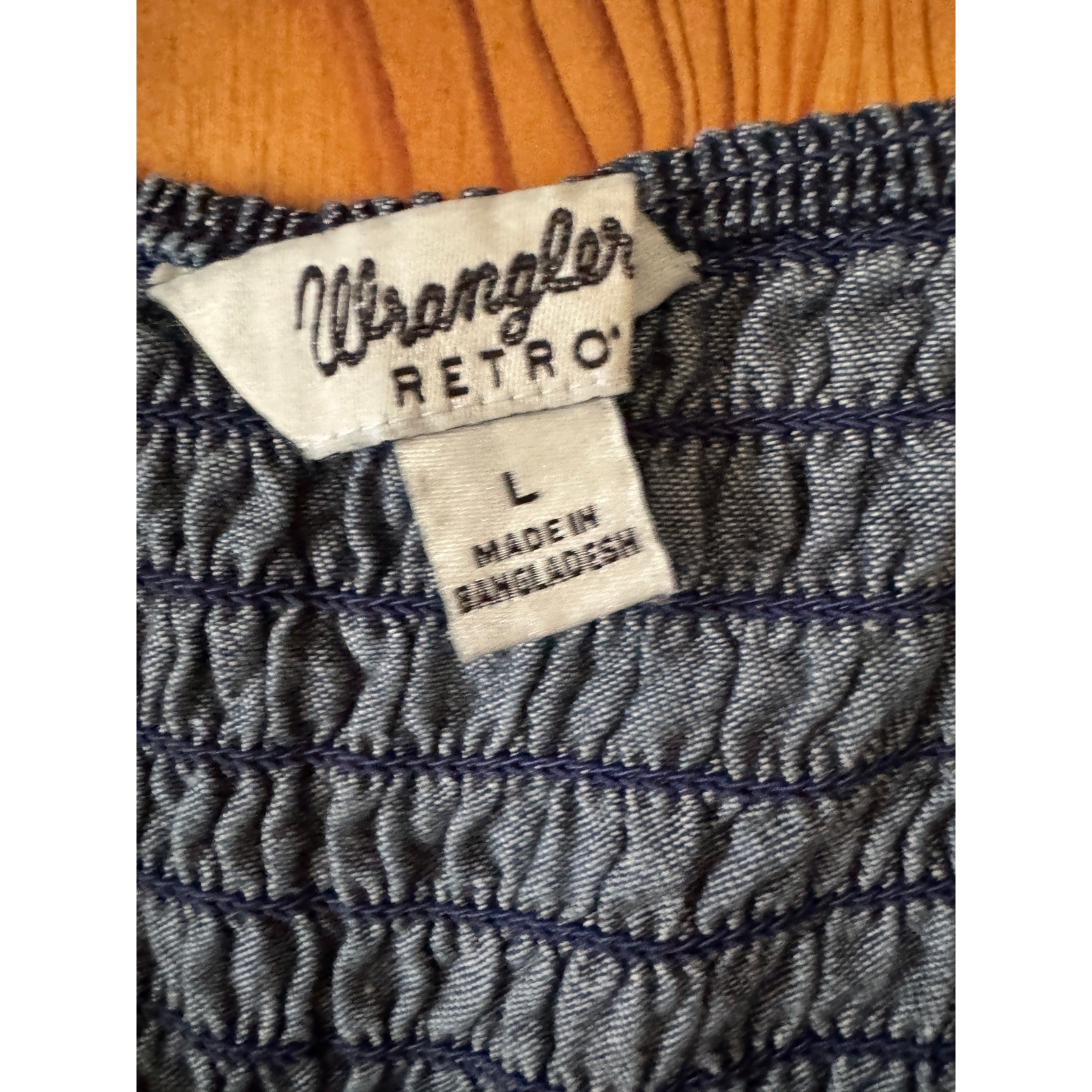 Wrangler Retro Blue Chambray Denim Smocked Puff Sleeve Western Mini Dress L NWT