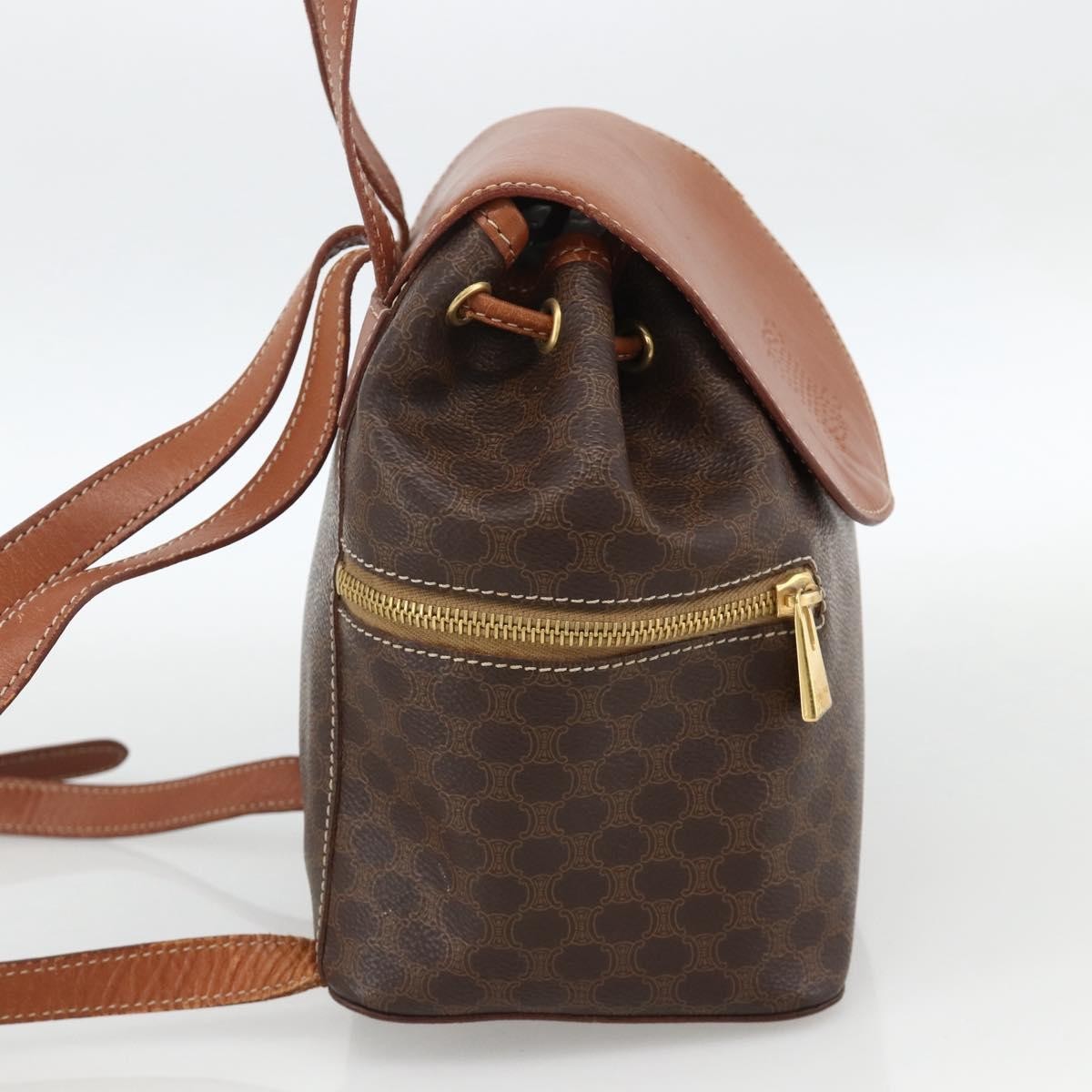 CELINE Macadam Canvas Backpack PVC Leather Brown Gold Auth BAZ067A